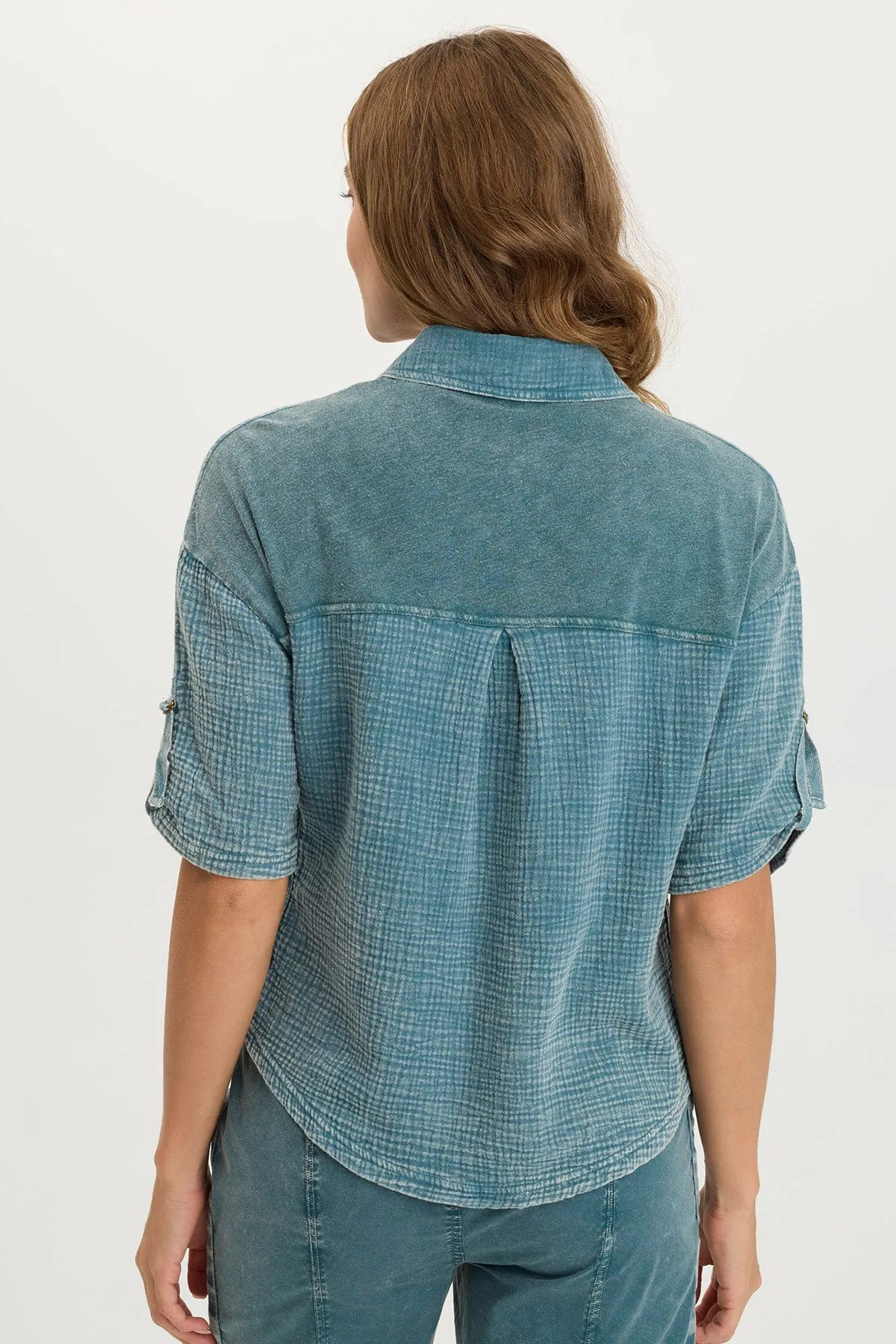 Saga Vibe Tight Core Maurise Gauze/Jersey Tabbed-Sleeve Snap-Up Top