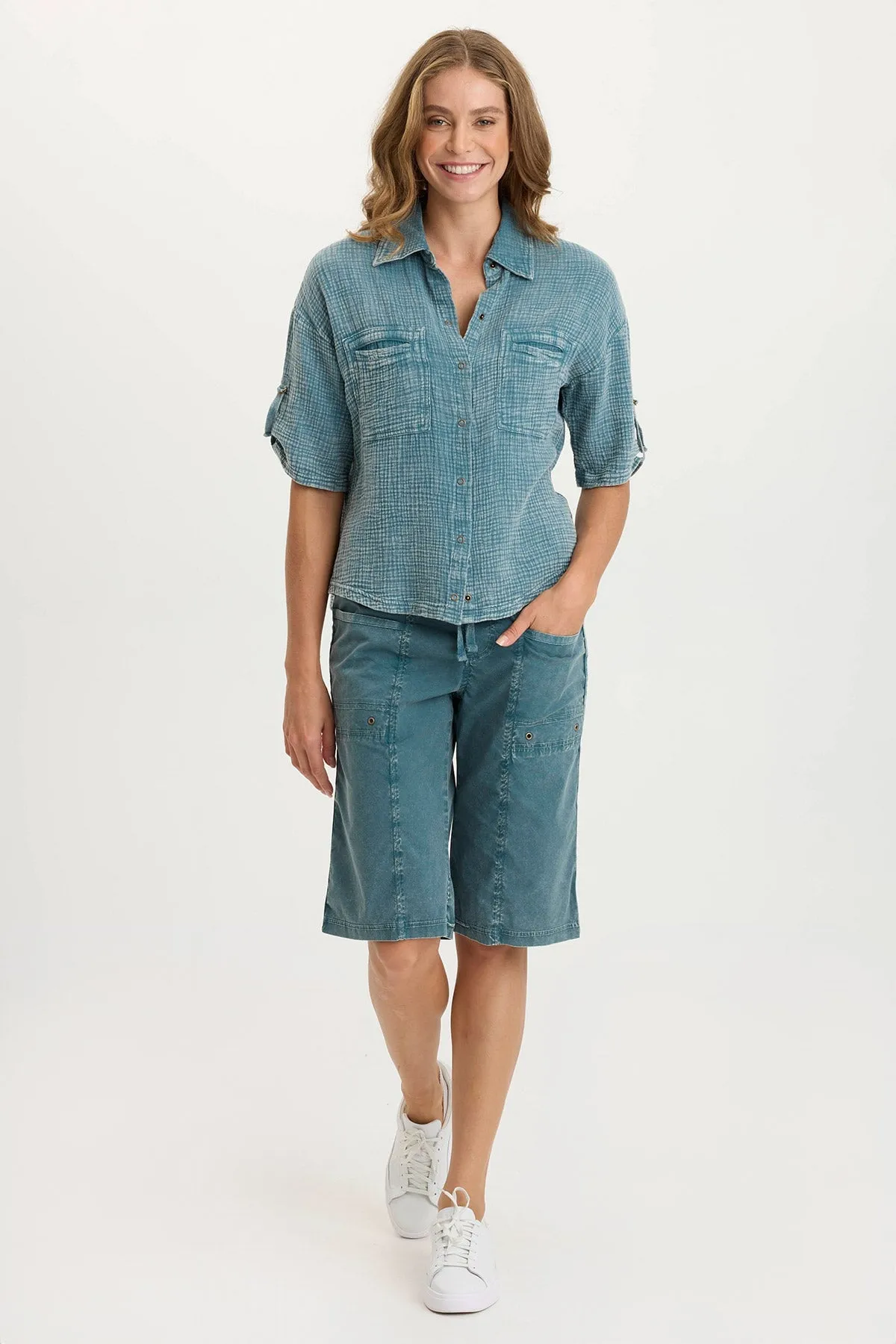 WaterRepellentSurface TemperatureRegulating Maurise Gauze/Jersey Tabbed-Sleeve Snap-Up Top