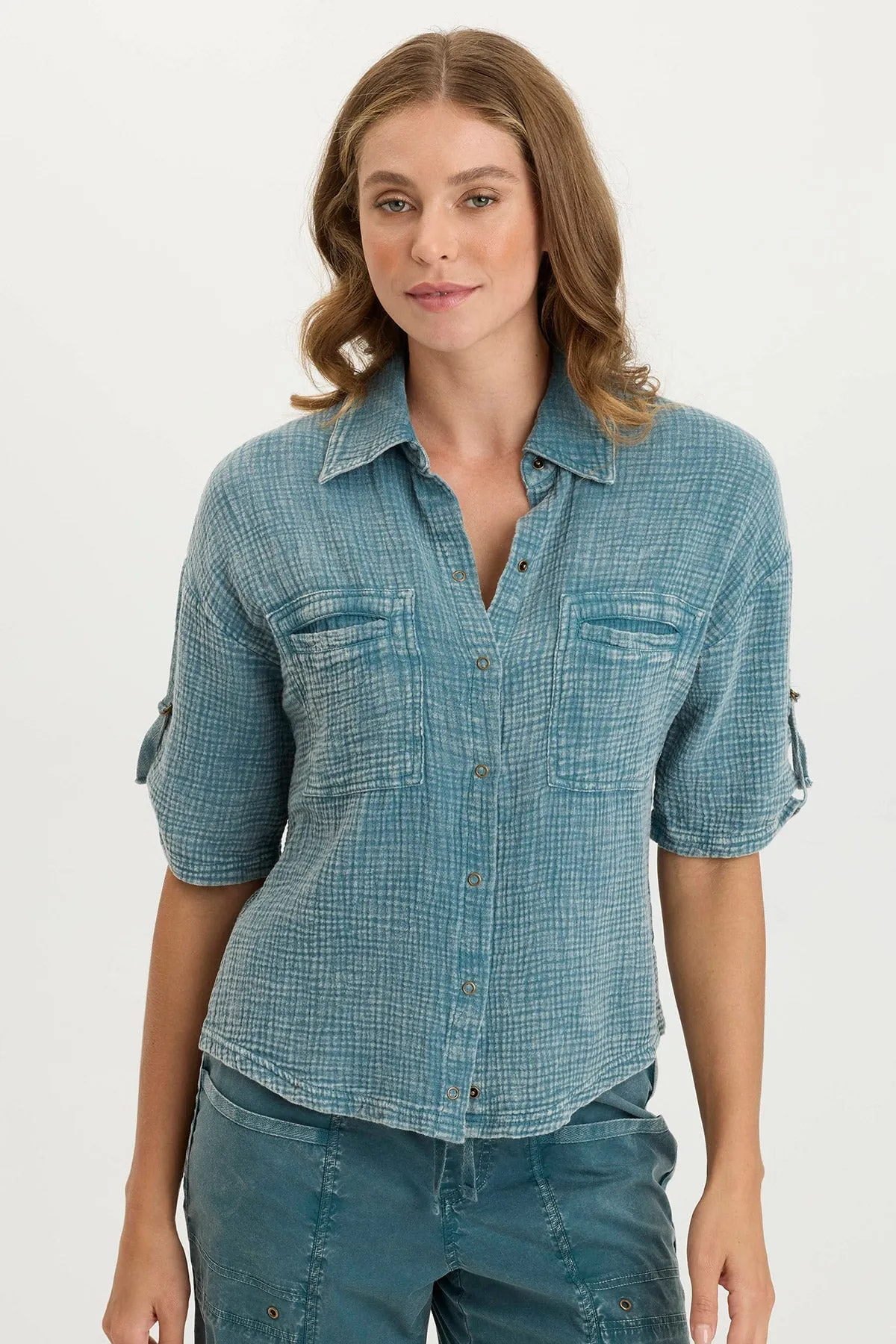 Maurise Gauze/Jersey Tabbed-Sleeve Snap-Up Top LightweightTextile NonSlipGrip