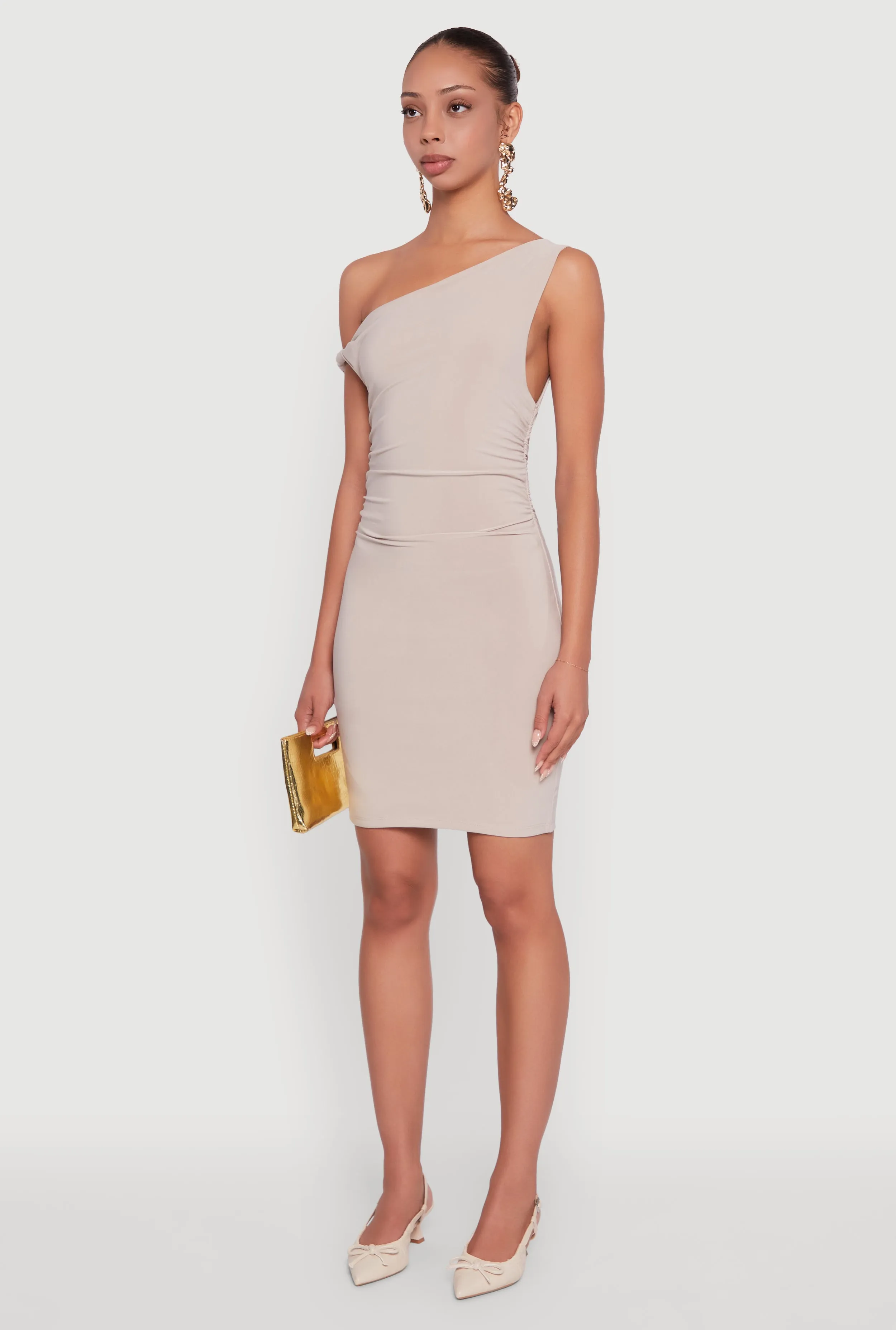 Pop Star Stylish Appeal Asymmetrical Shoulder Ruched Side Mini Dress