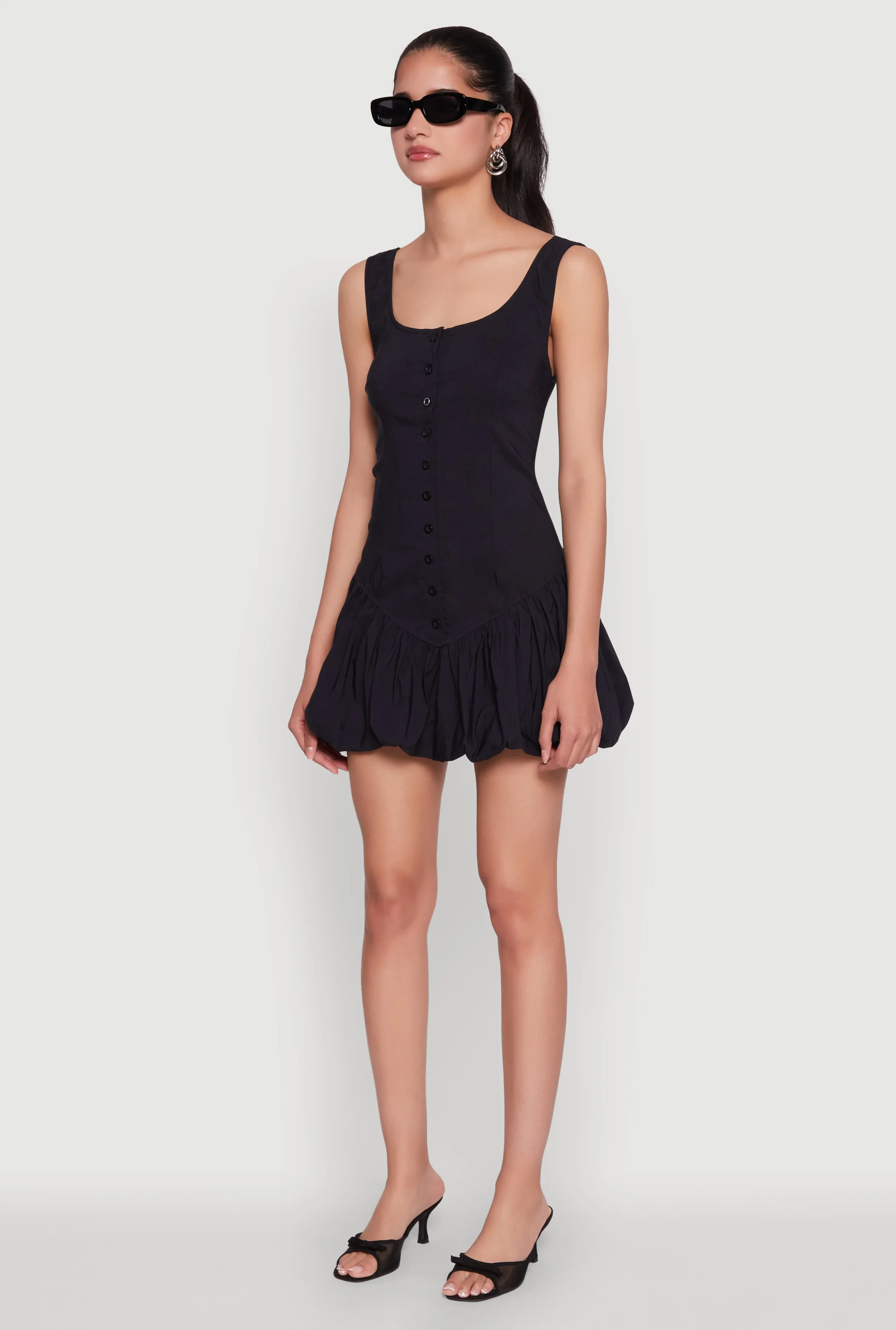 Button Front Mini Bubble Hem Dress Trend Soft