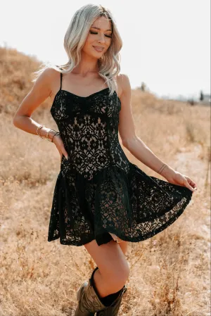 Youthful Vibe Weekend Ready Velvet Dawn Floral Lace Mini Dress (Black)
