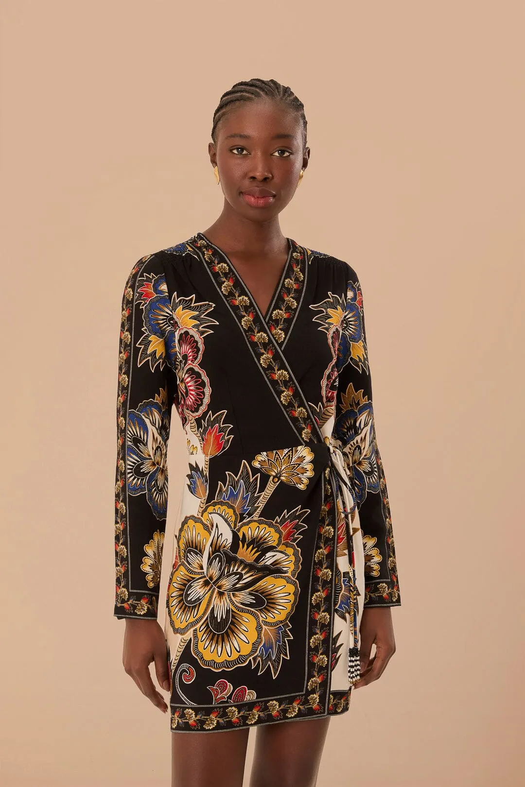 Black Maxi Floral LENZING? ECOVERO? Viscose Wrap Mini Dress Simple yet chic mini