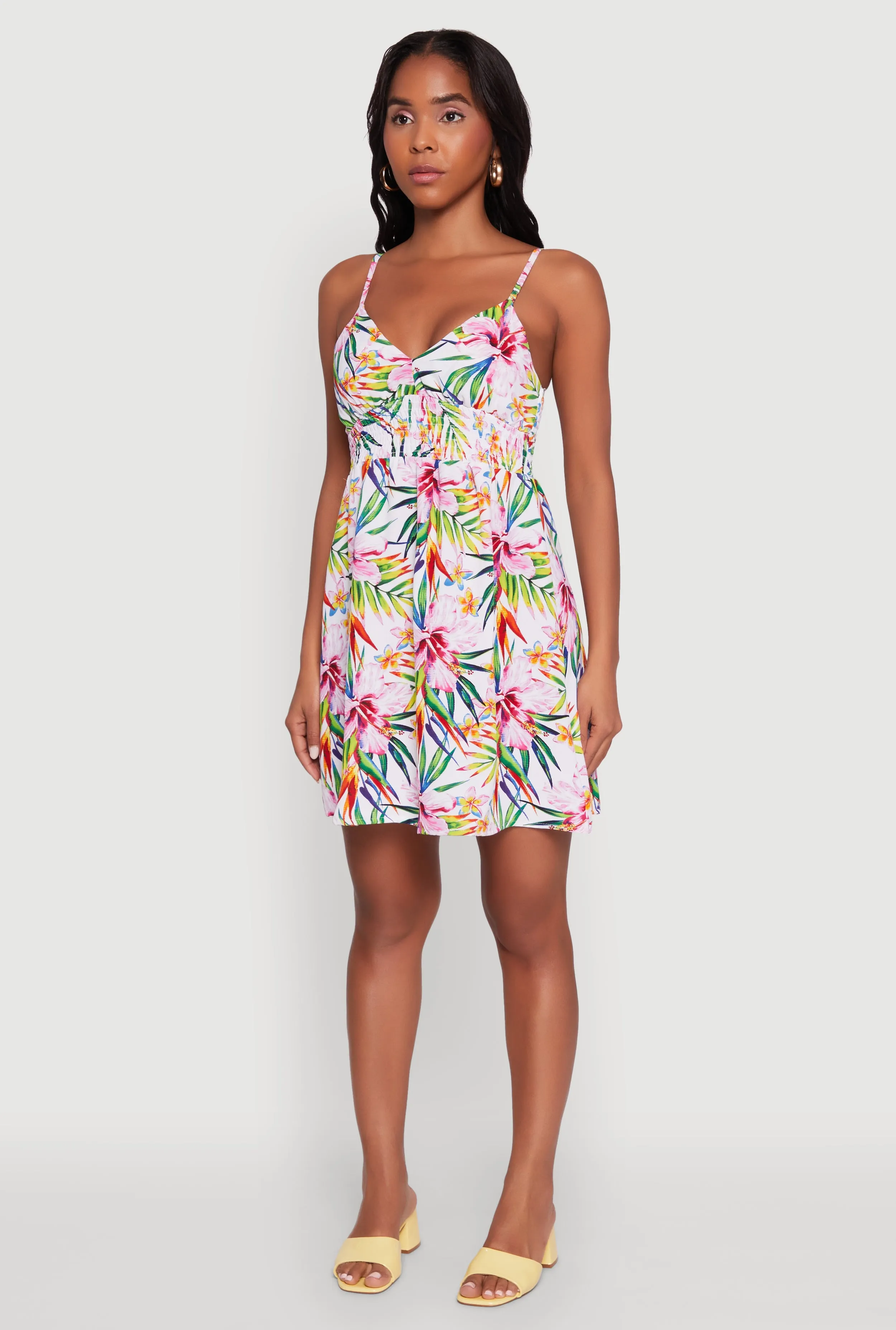 Tropical Floral Sleeveless Sundress Modern mini dress with sleeves