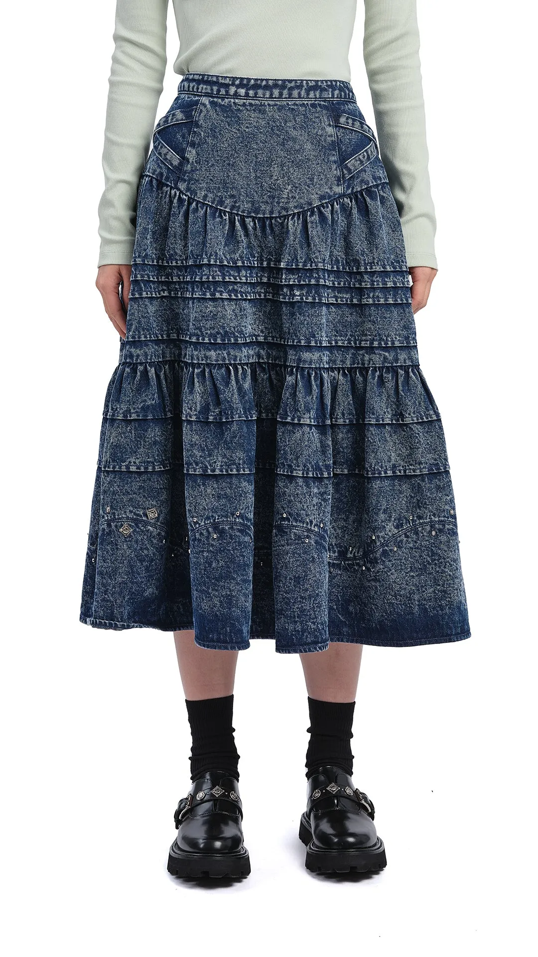 Stone-Washed Studded Denim Skirt Anti Pilling Treatment Split hem