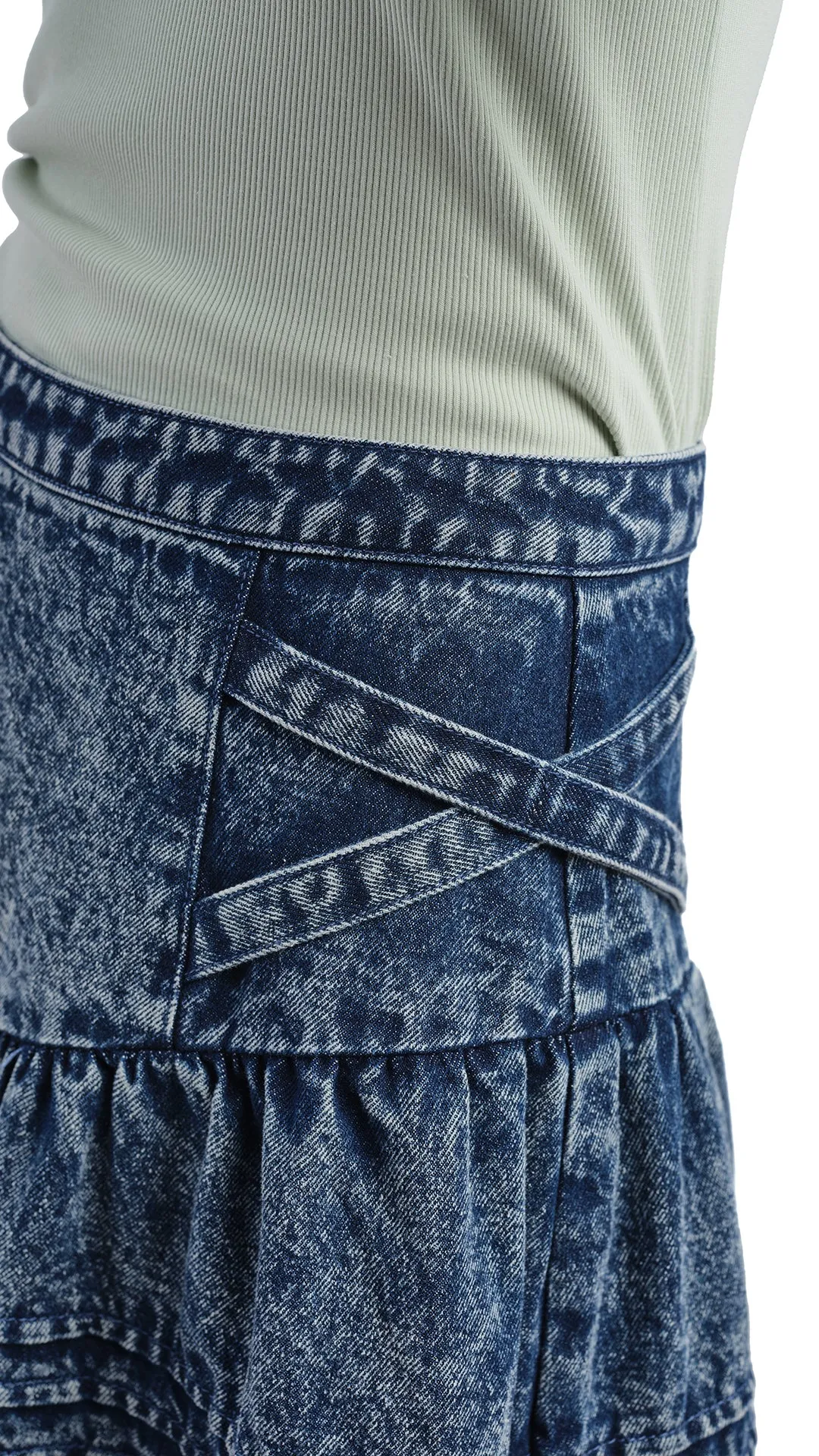 Stone-Washed Studded Denim Skirt Flowy Drape Linen Cotton Mix