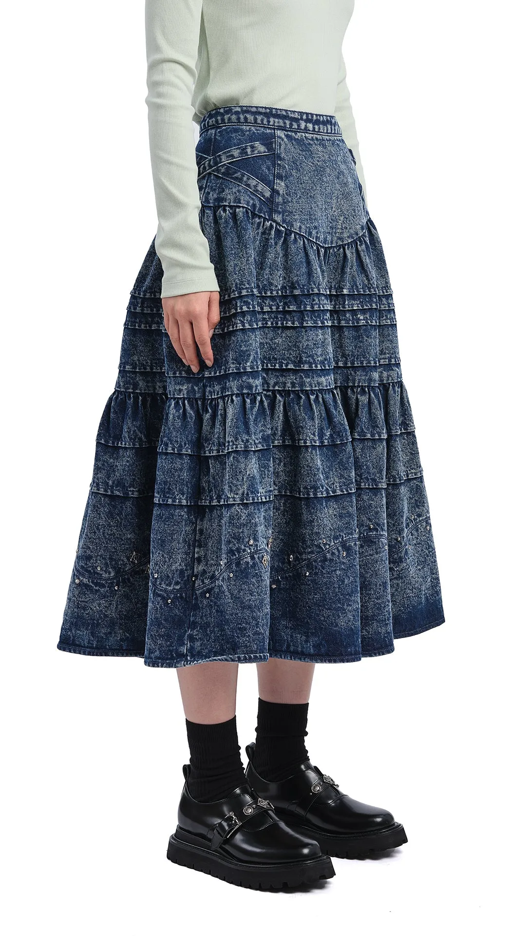 Stone-Washed Studded Denim Skirt Unisex style Aesthetic Fit
