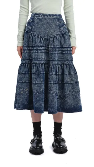 Stone-Washed Studded Denim Skirt Anti Pilling Treatment Split hem