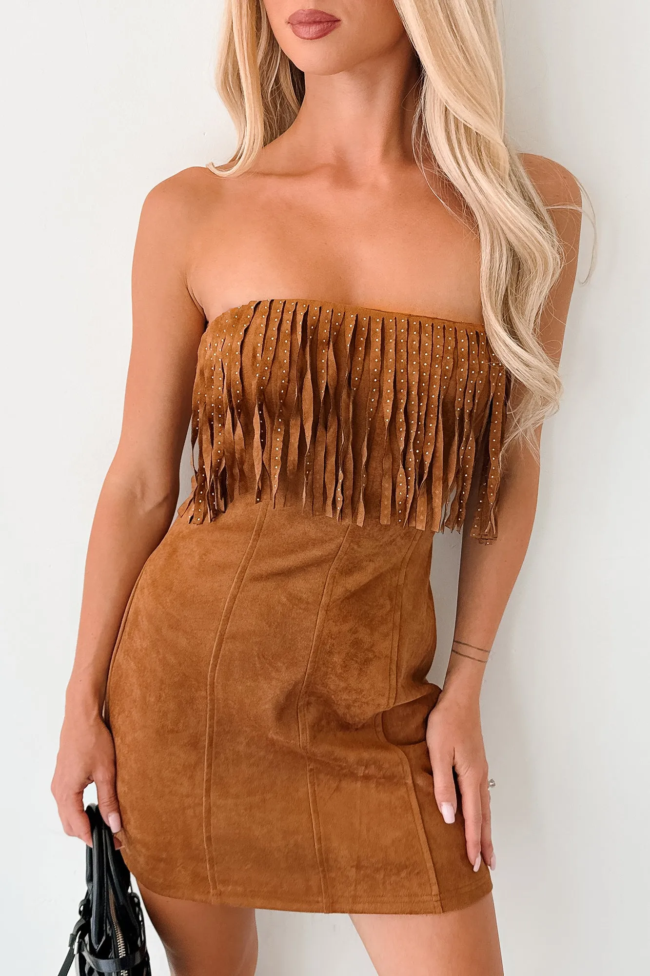 Country Dreams Suede Fringe Mini Dress (Brown) Airy Vibe