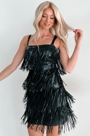 Elasticized Cuff Design Edgy Excellence Faux Leather Fringe Dress (Black)