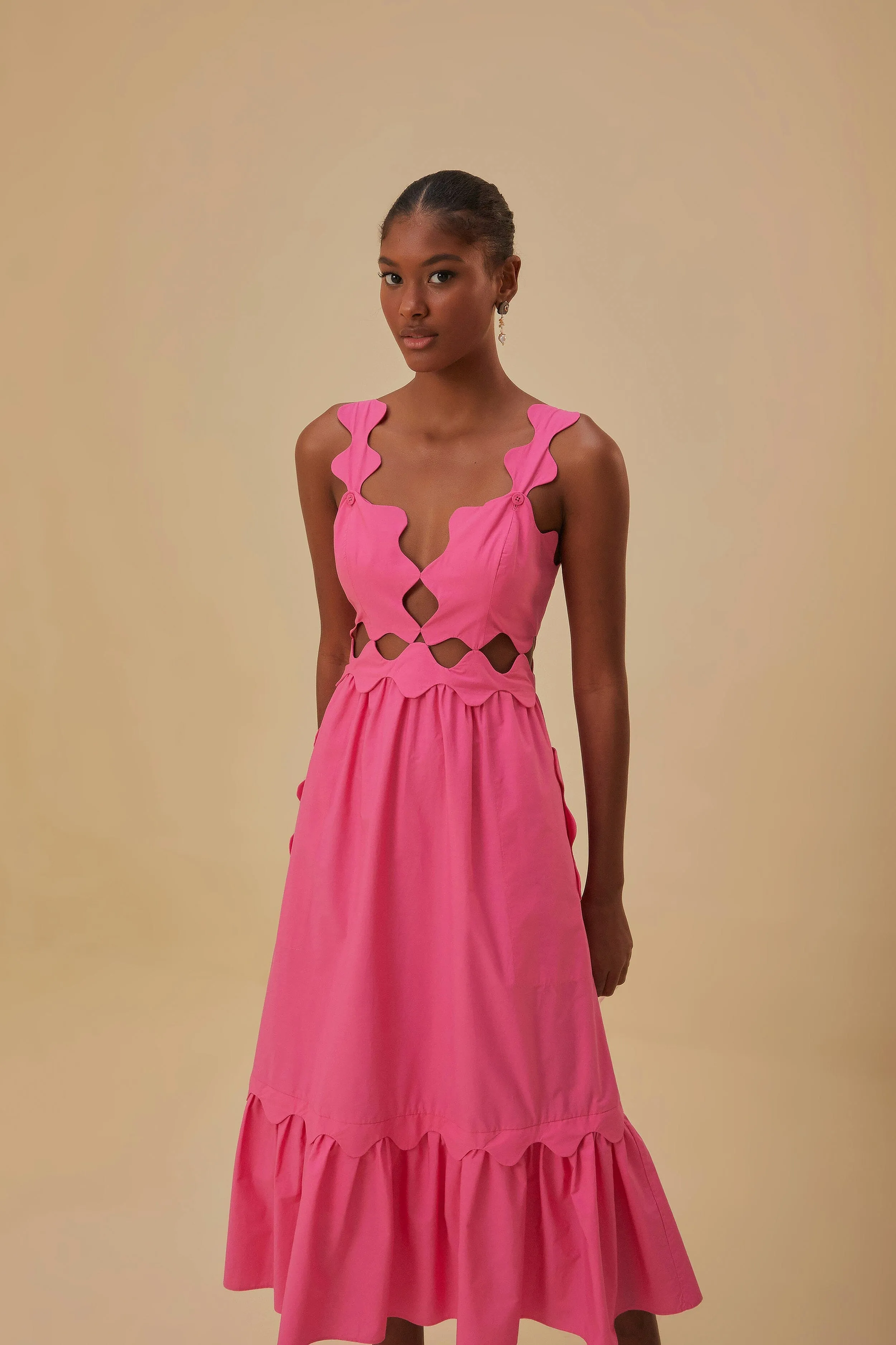 Bright Ray Pink Cut-Out Organic Cotton Midi Dress
