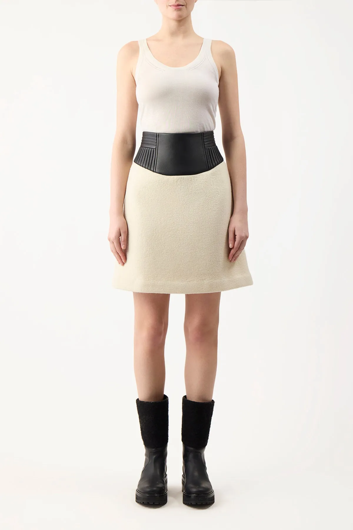 Felix Mini Skirt in Ivory Double-Face Recycled Cashmere Felt with Nappa Leather Waistband Boutique Exclusive Glamorous Appeal