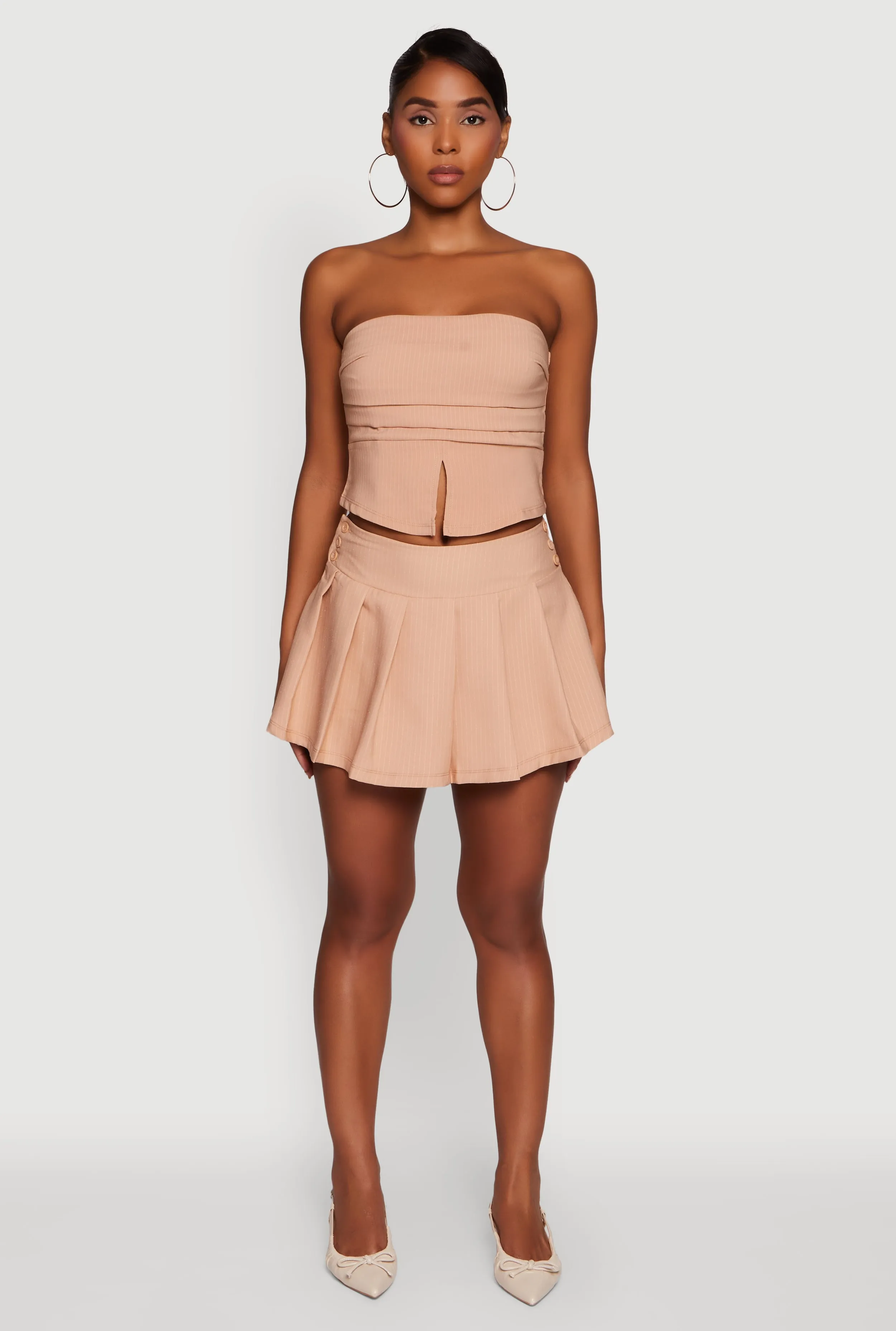 Haute Monde Pinstripe Button Detail Pleated Skort Smart Texture
