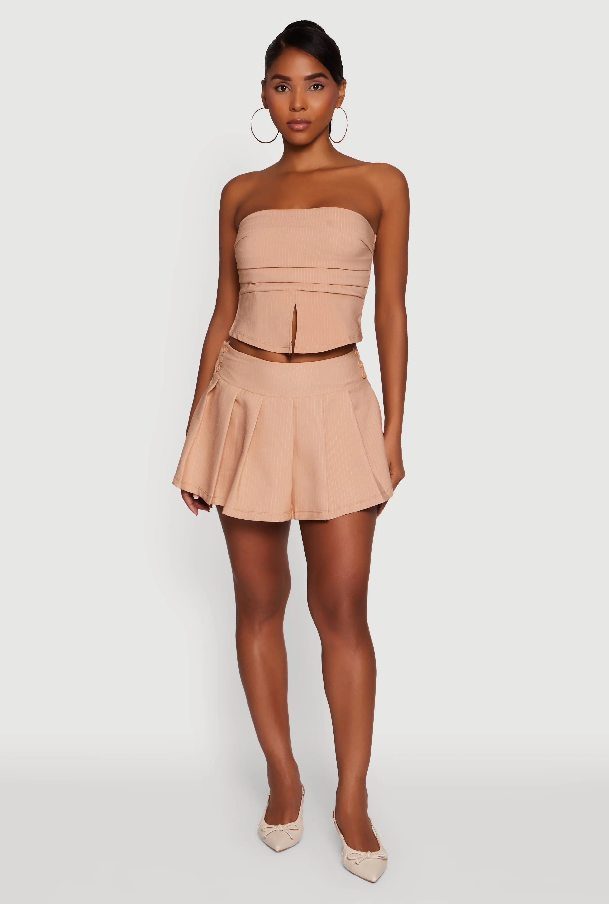 Haute Monde Pinstripe Button Detail Pleated Skort Smart Design Fashion Combo