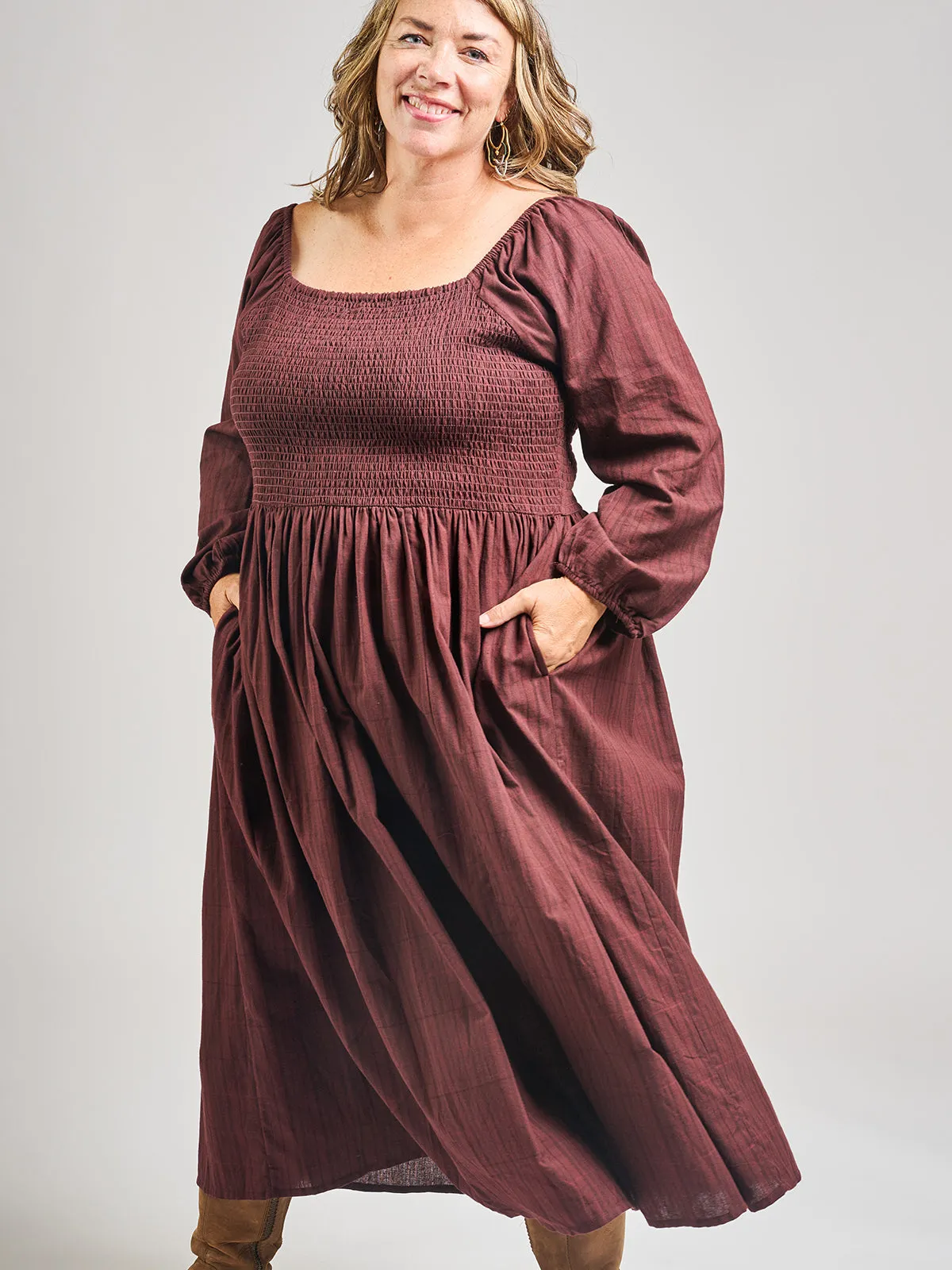 Star Mood Hailee Smocked Plus Size Midi Dress - Maroon Plaid