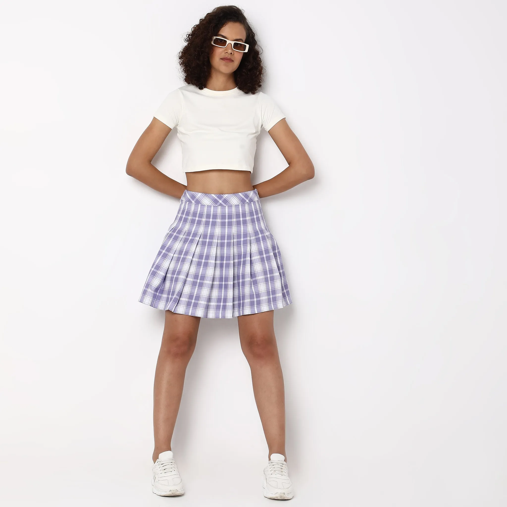 Fame Glow Raw Linen Flare Fit Checkered Mid Rise Skirt