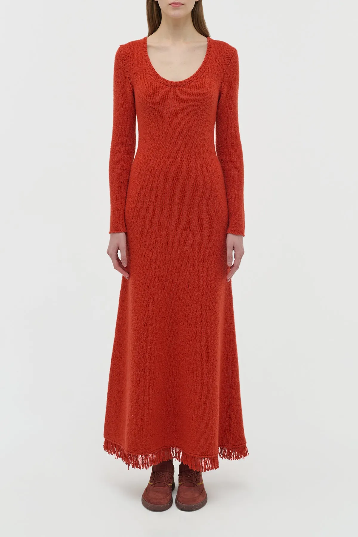 Adjustable Waistband Motion Core Maribel Fringe Knit Maxi Dress in Antelope Orange Cashmere