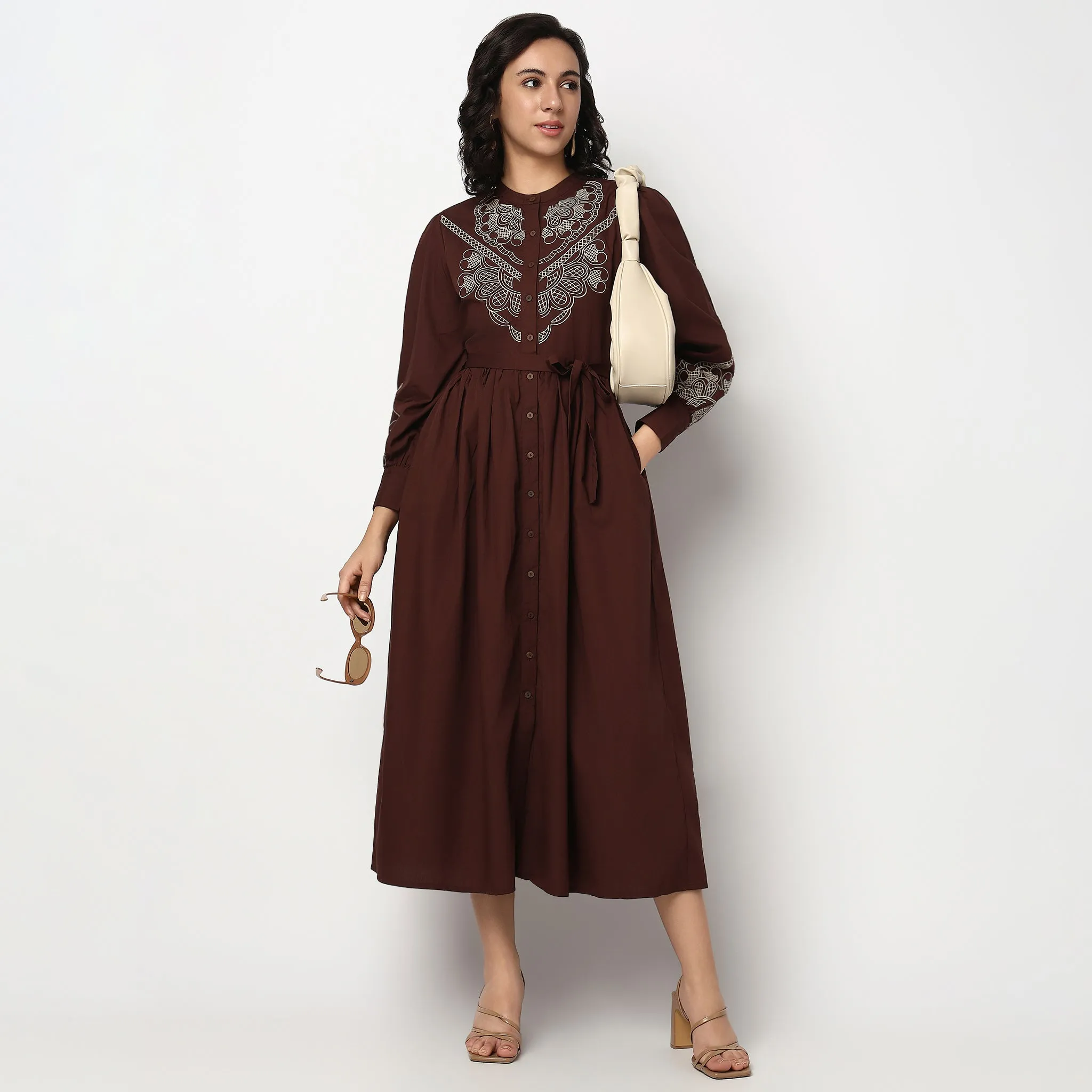 Joy Ease Printed Cotton Band Collar Flared Dress