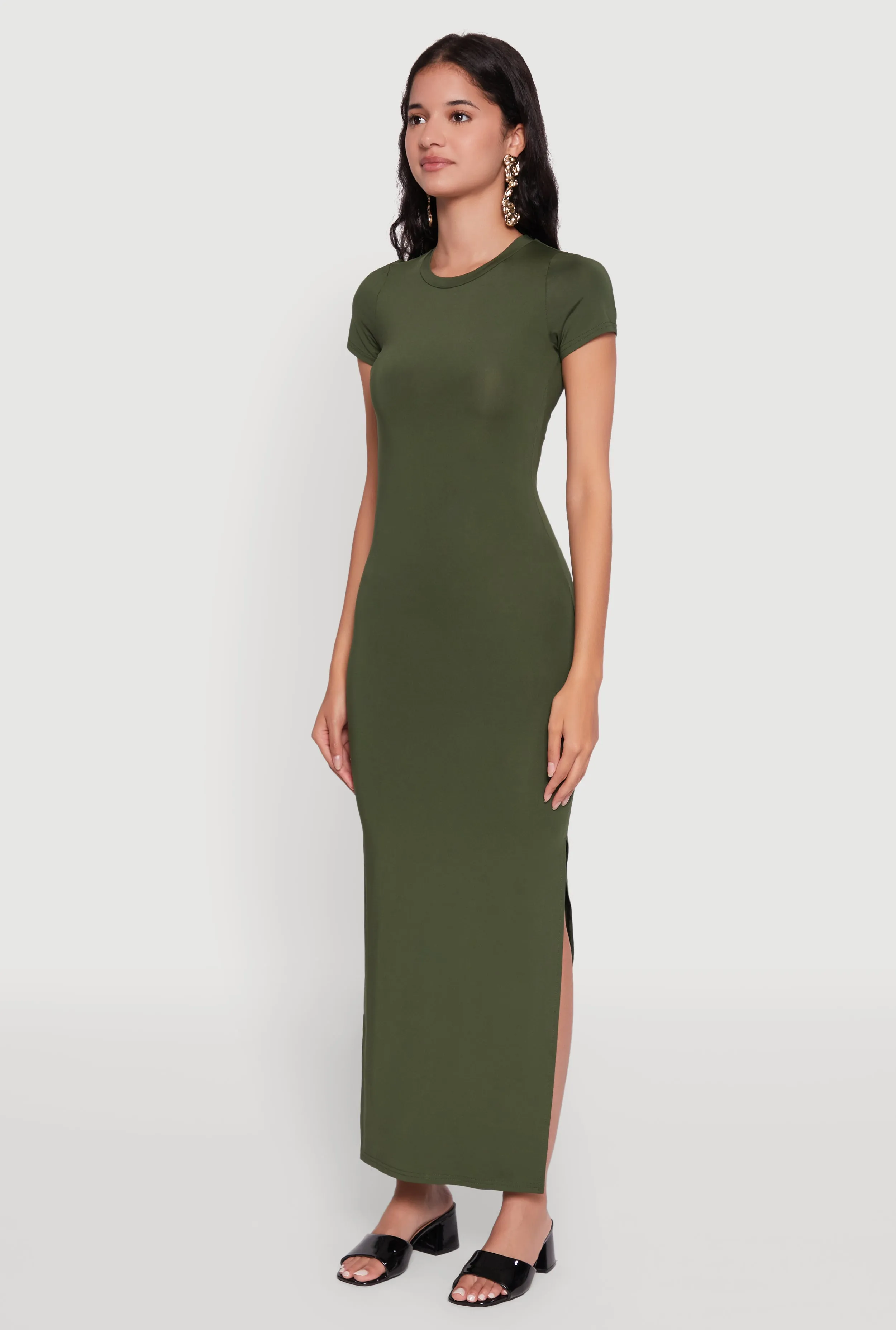 Blush Tone Hemp Soft Daisy Crew Neck Side Slit T Shirt Dress
