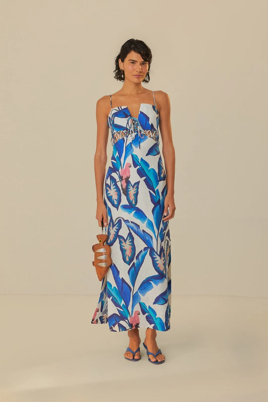 Onyx Glow Off-White Blue Foliage Maxi Dress