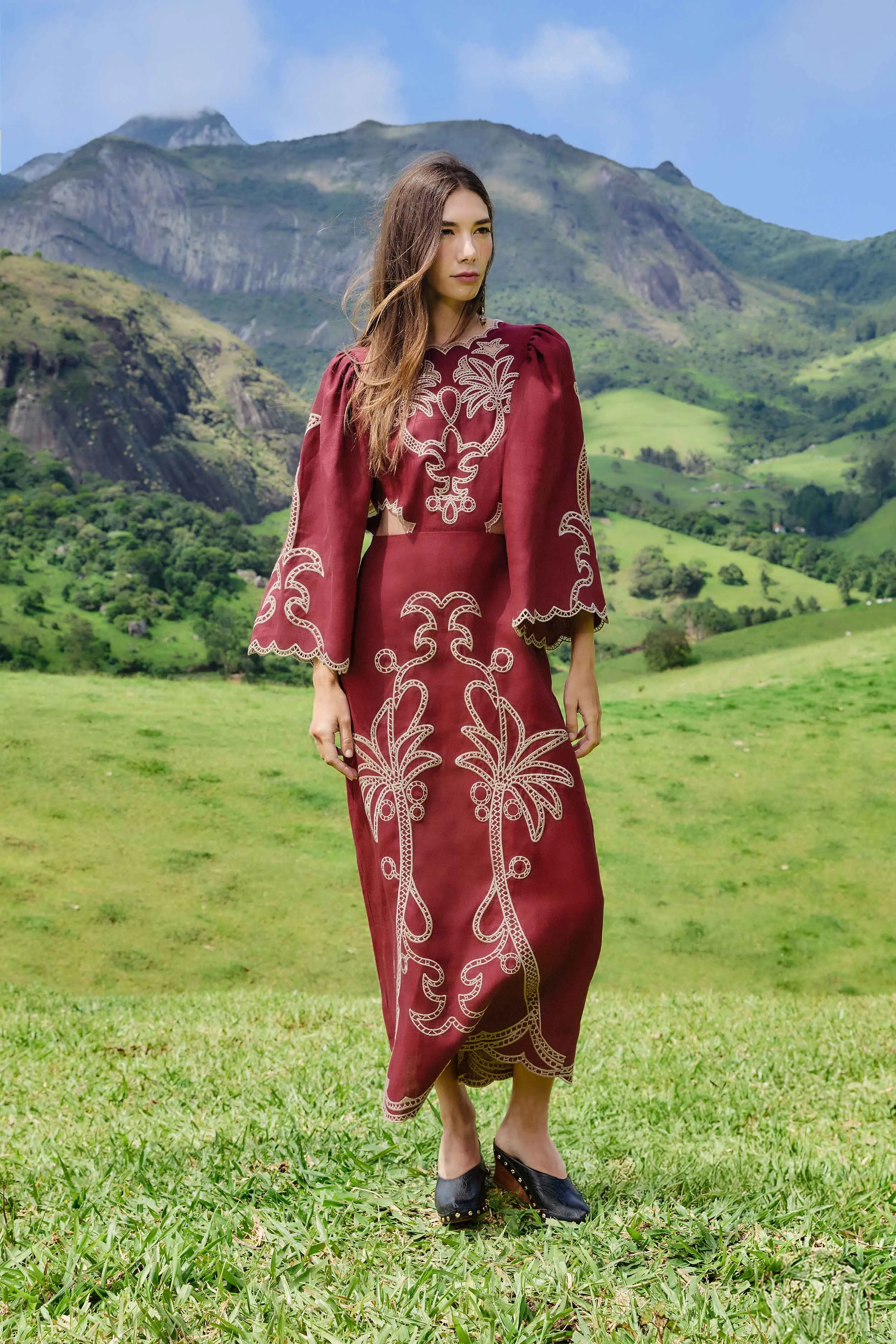 Red Artisanal Cut-Out Embroidered Euroflax? Premium Linen Maxi Dress A-Line Cut