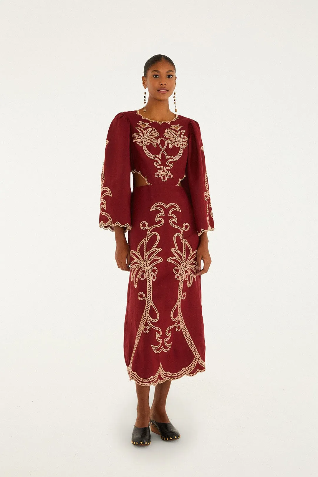 Red Artisanal Cut-Out Embroidered Euroflax? Premium Linen Maxi Dress Island Trail Beach Gate