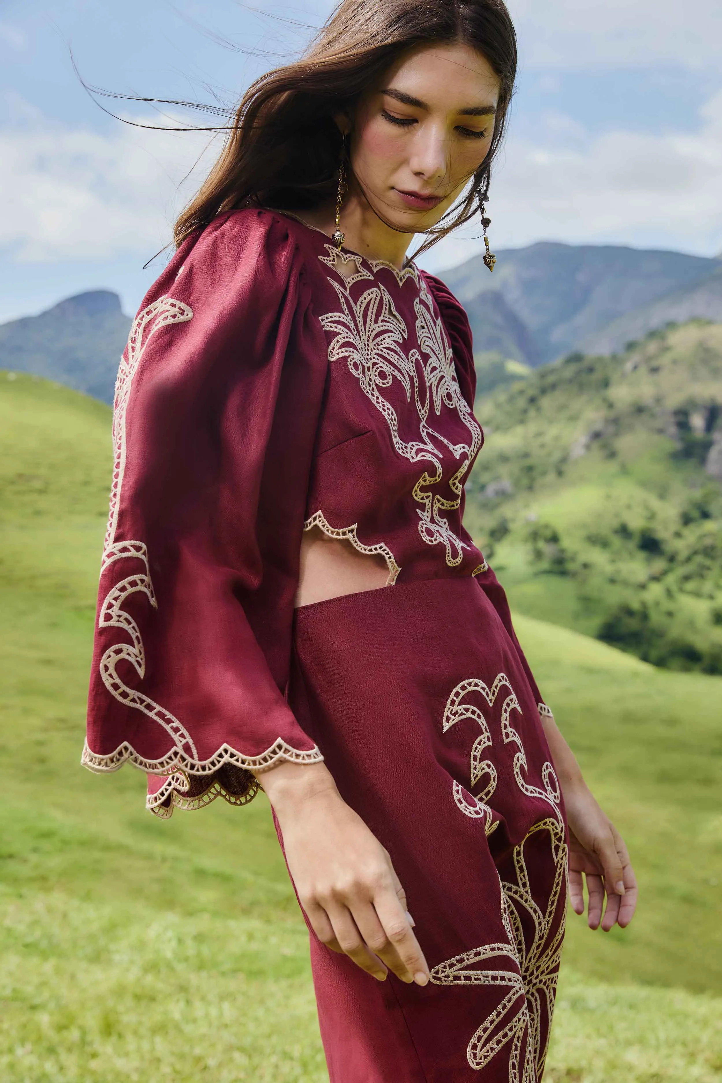 Red Artisanal Cut-Out Embroidered Euroflax? Premium Linen Maxi Dress Cherry Bloom
