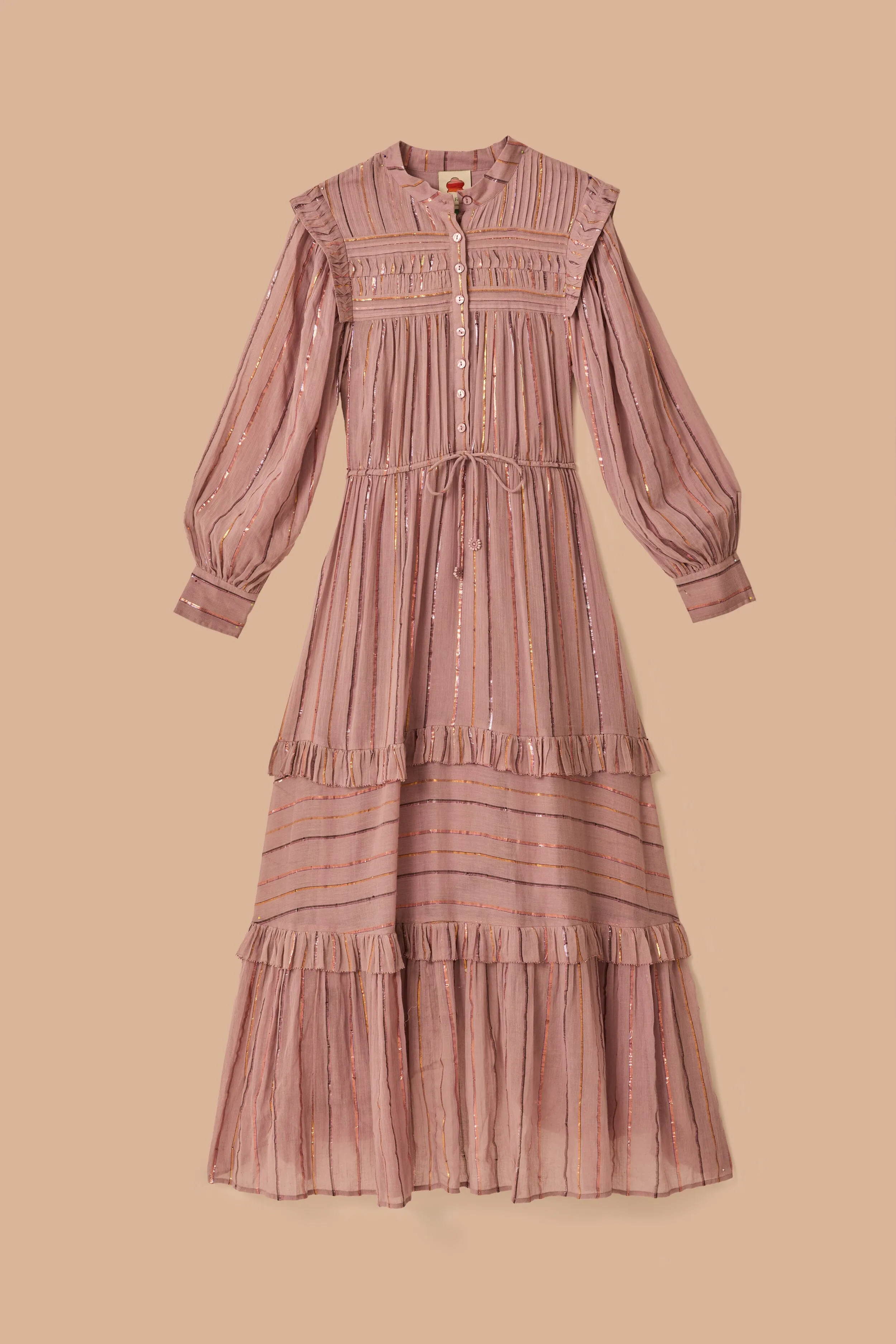 The elegant cut of this dress ensures you look chic and feel comfortable throughout the day Animal Print Light Pink Pleated Yoke Tiered Maxi Dress