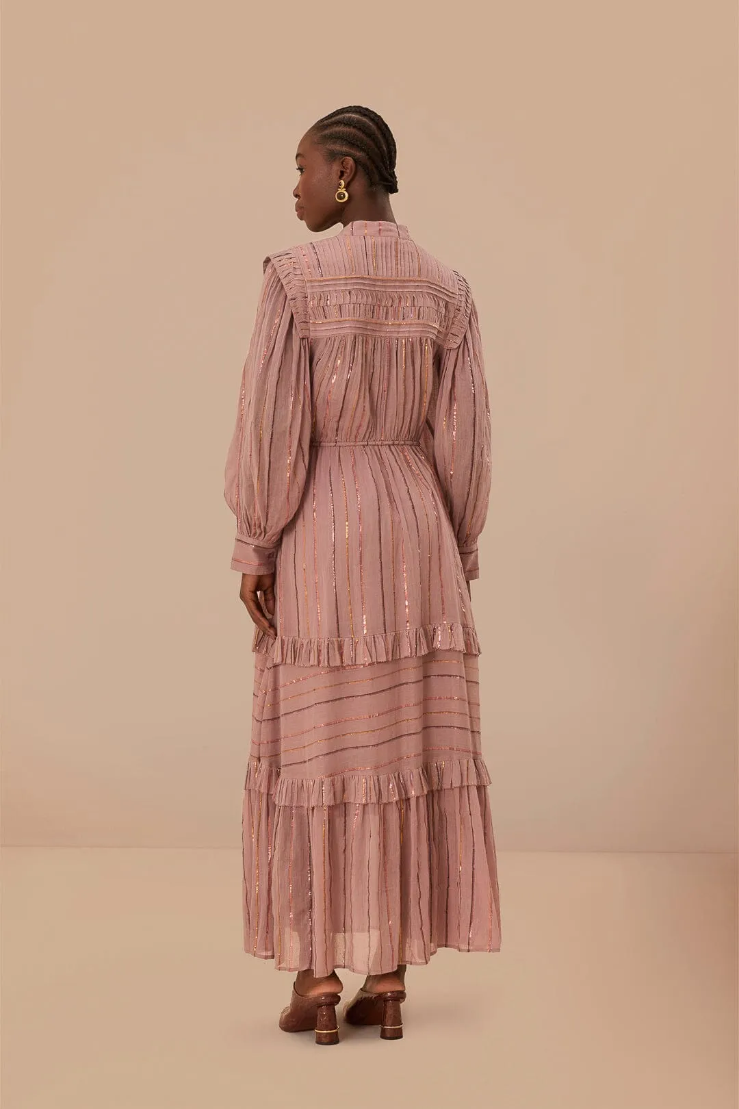 Travel Easy Light Pink Pleated Yoke Tiered Maxi Dress