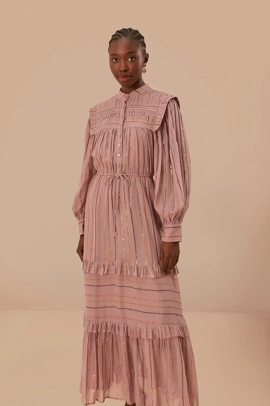 Light Pink Pleated Yoke Tiered Maxi Dress Coral Glow