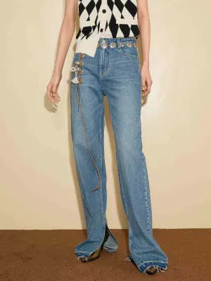 Side Slit Straight Leg Jeans Neutral Tone Sleek Shape