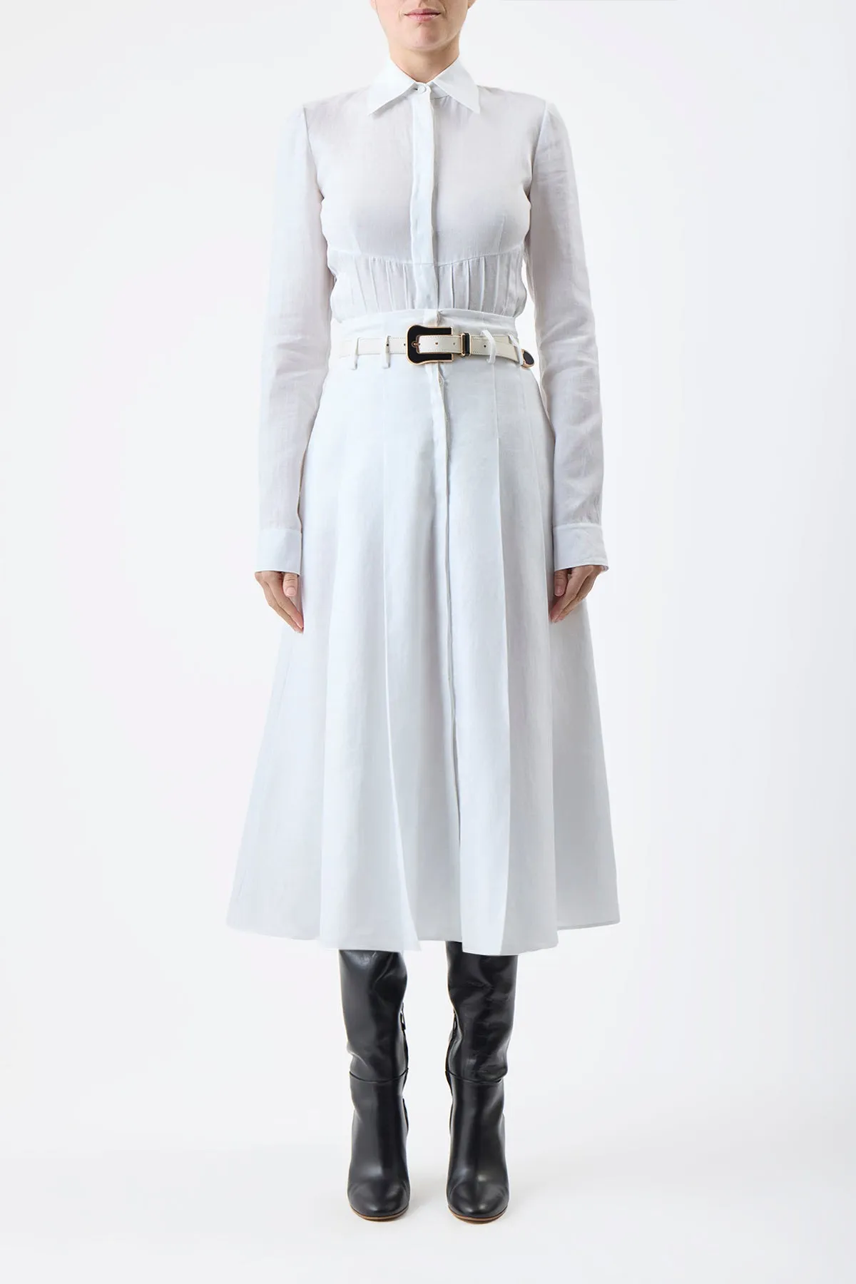 Dugald Pleated Midi Skirt in White Aloe Linen AntiSnag Threading Airflow Mesh Panels