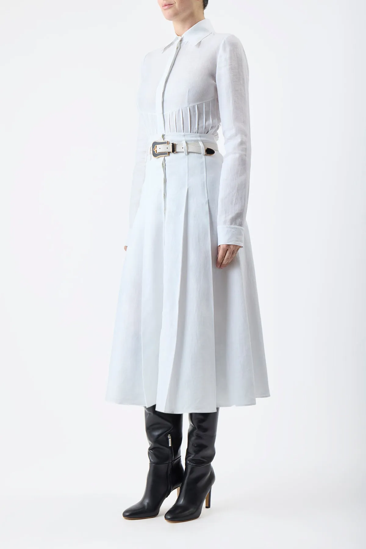 Dugald Pleated Midi Skirt in White Aloe Linen Tough Core