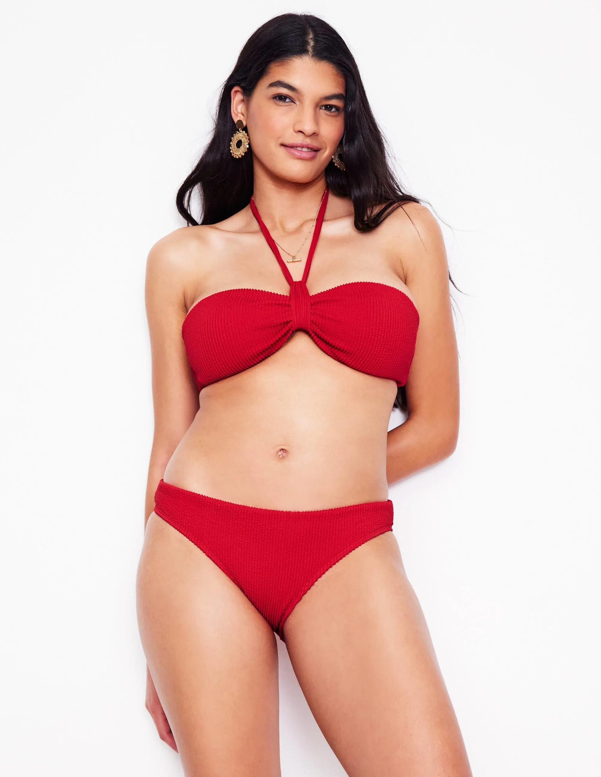 Supportive Cradle Design Crinkle Texture Bikini Bottoms-Tulip Red