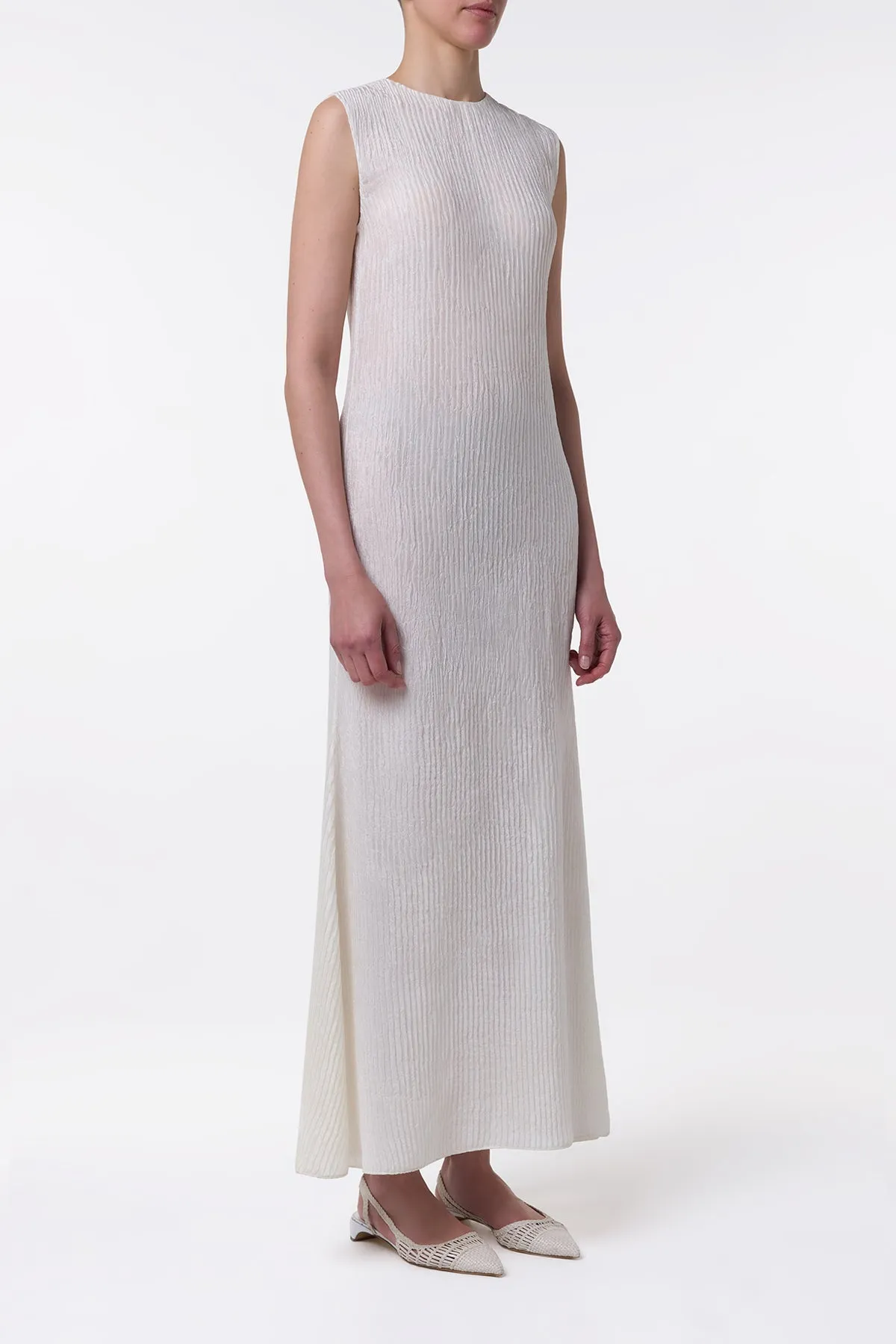 Carling Maxi Dress in Ivory Plisse Silk VentilatedMesh Green Soul