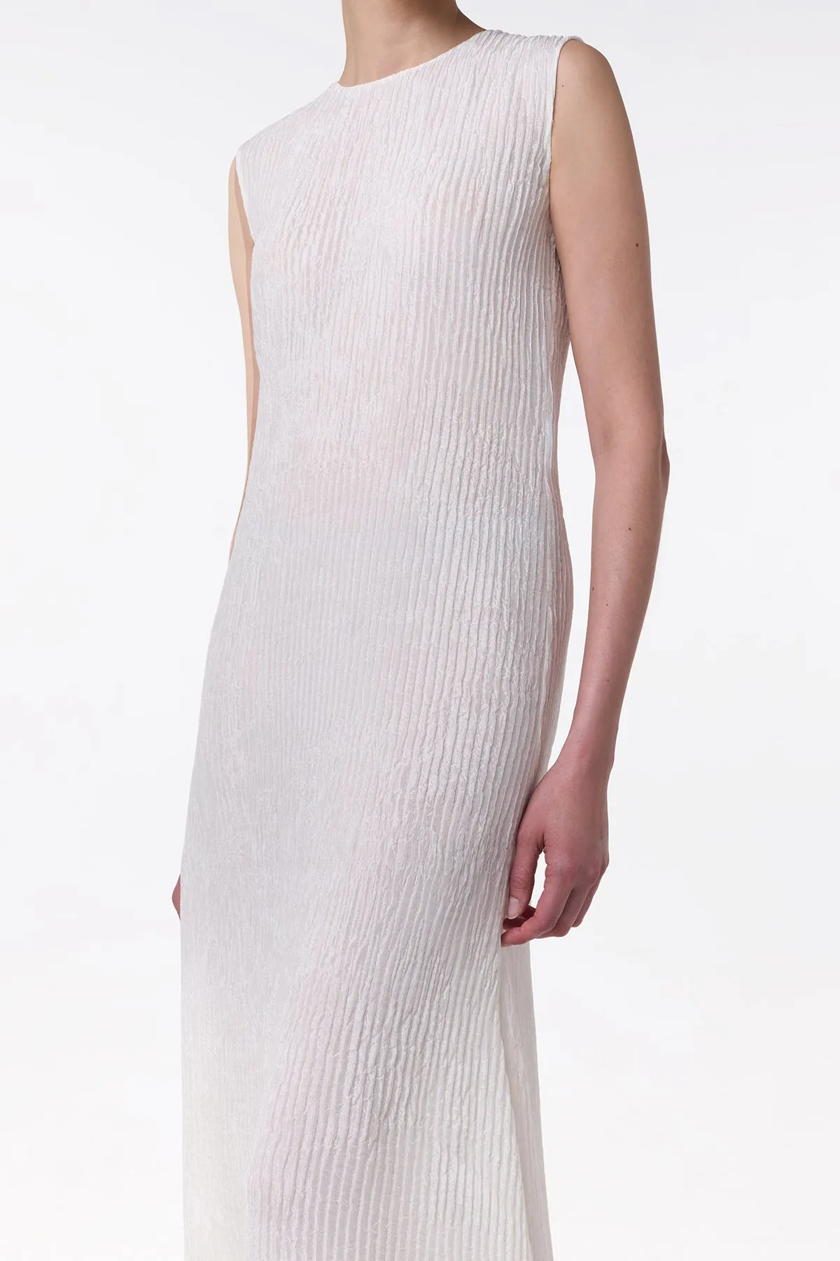 Carling Maxi Dress in Ivory Plisse Silk Global Cool