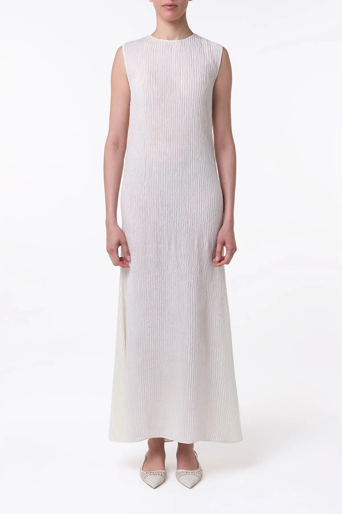Carling Maxi Dress in Ivory Plisse Silk Travel Proof
