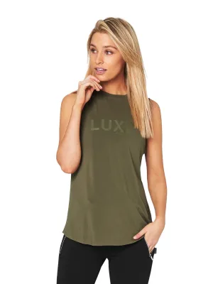 HARKNESS LUXE MUSCLE TEE - KHAKI Mountain rural scene