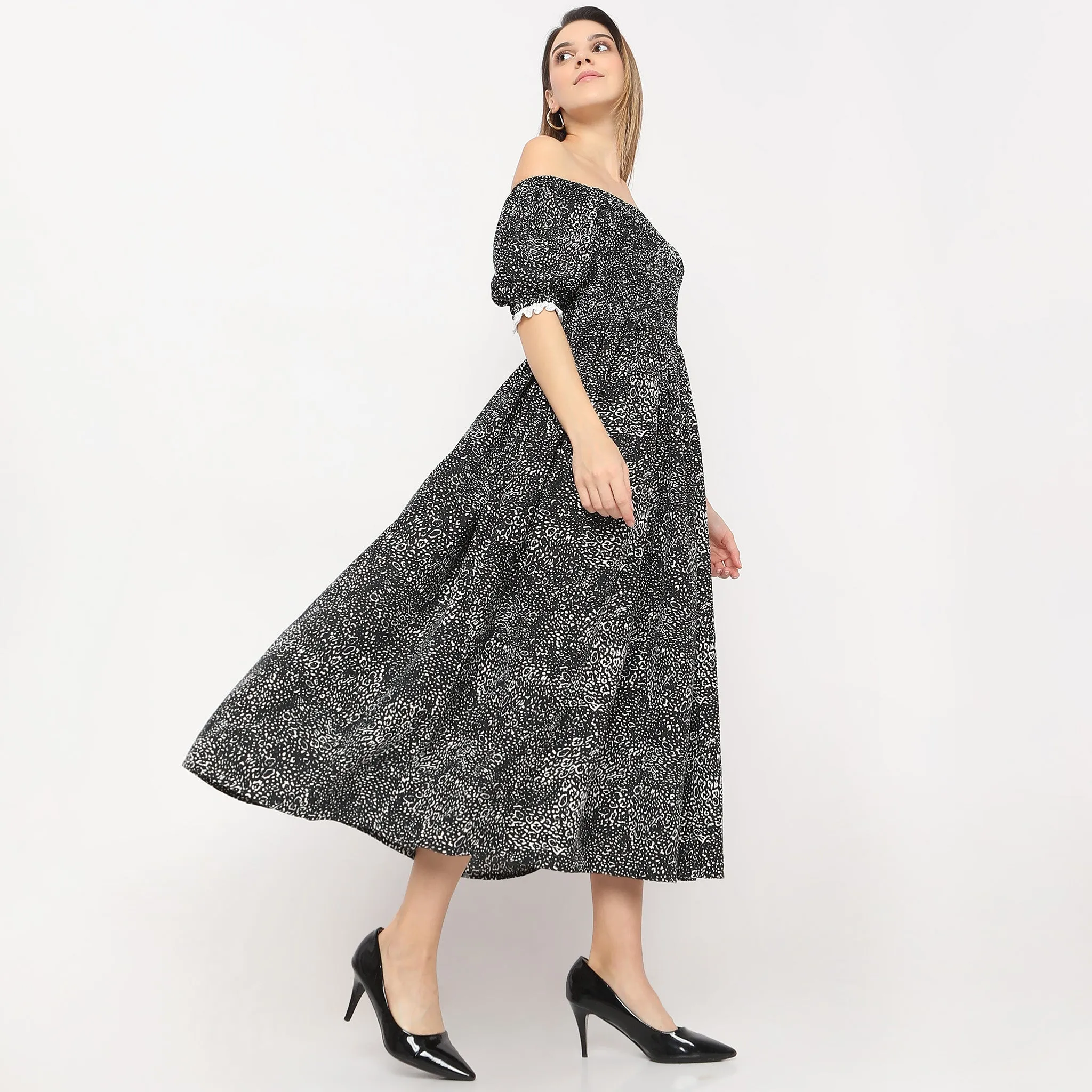 Reinforced Hem Printed Full Length Off Shoulder Flared Puff Sleeve Dress