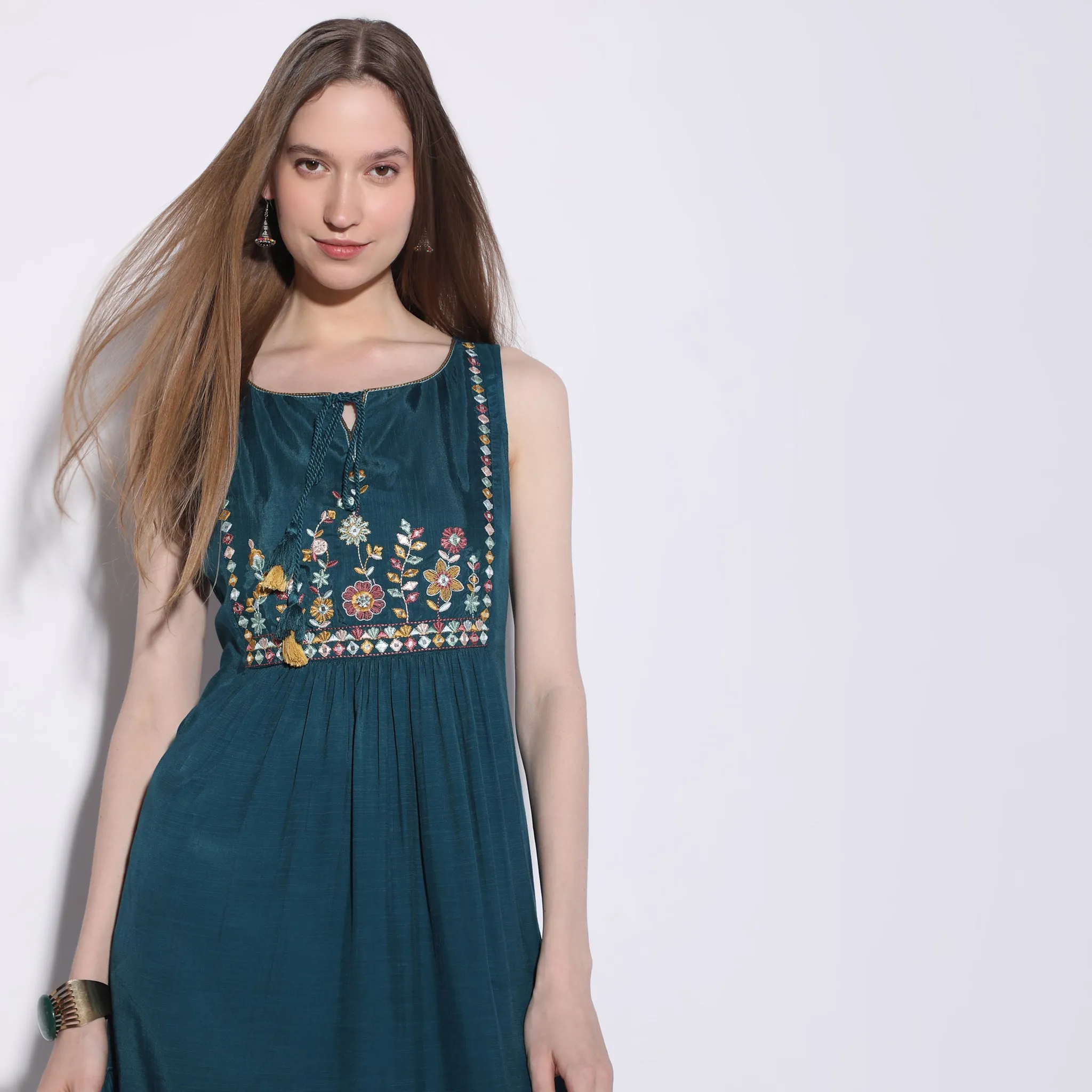 Flare Fit Embroidered Knee Length Sleeveless Dress Recycled Polyester