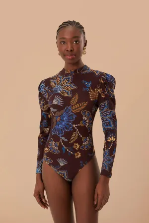 Brown Embroidered Garden Bodysuit Sporty Elegant Retro Daily