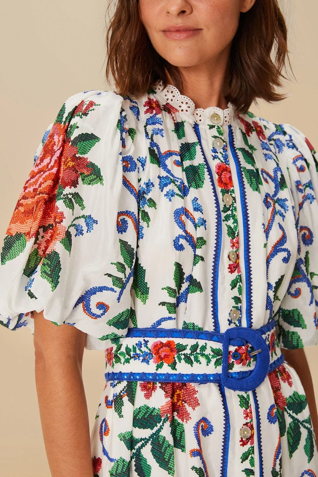 Timeless Chic Party Light Off-White Flower Tapestry Mini Dress