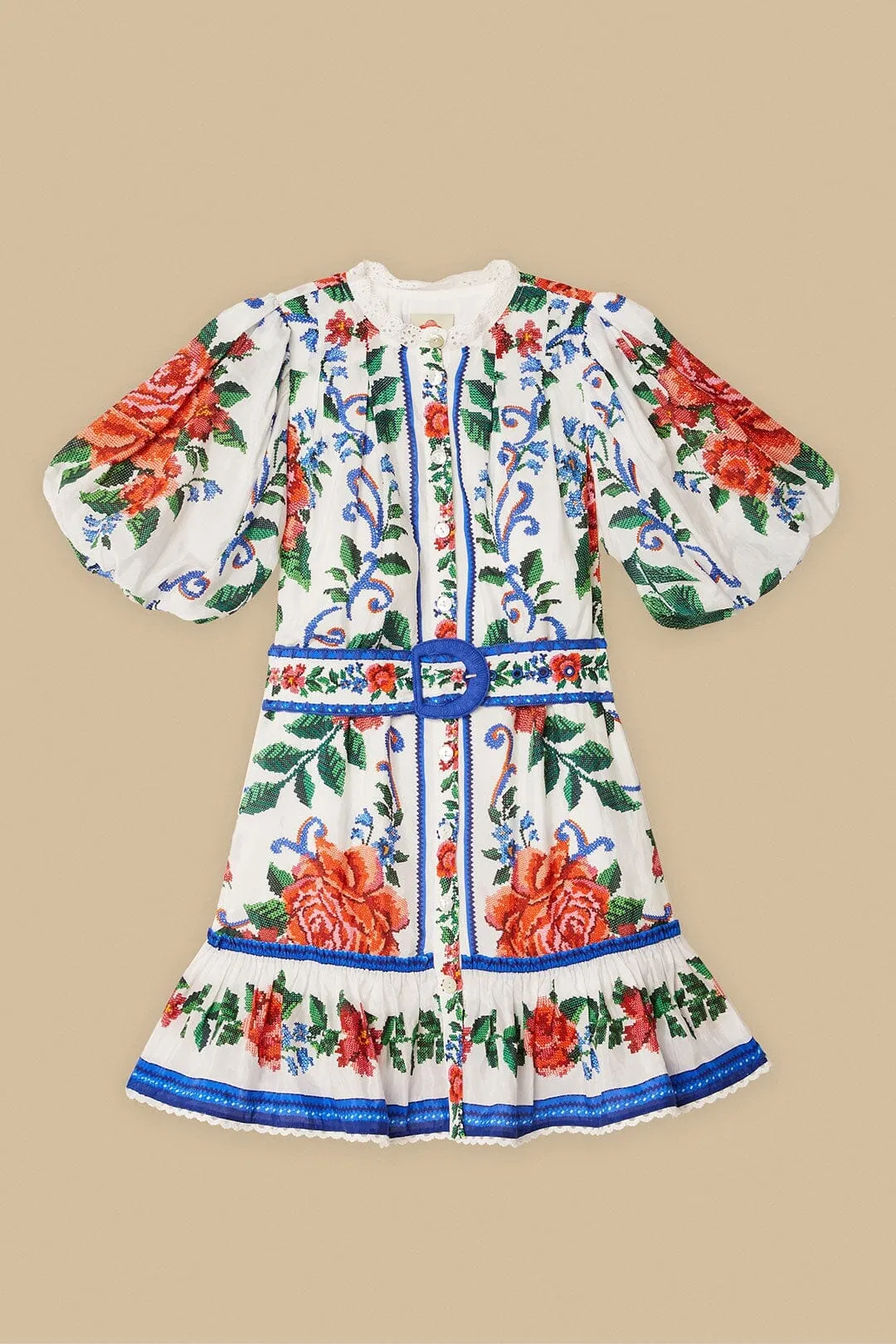 Angle Look Fresh Style Off-White Flower Tapestry Mini Dress