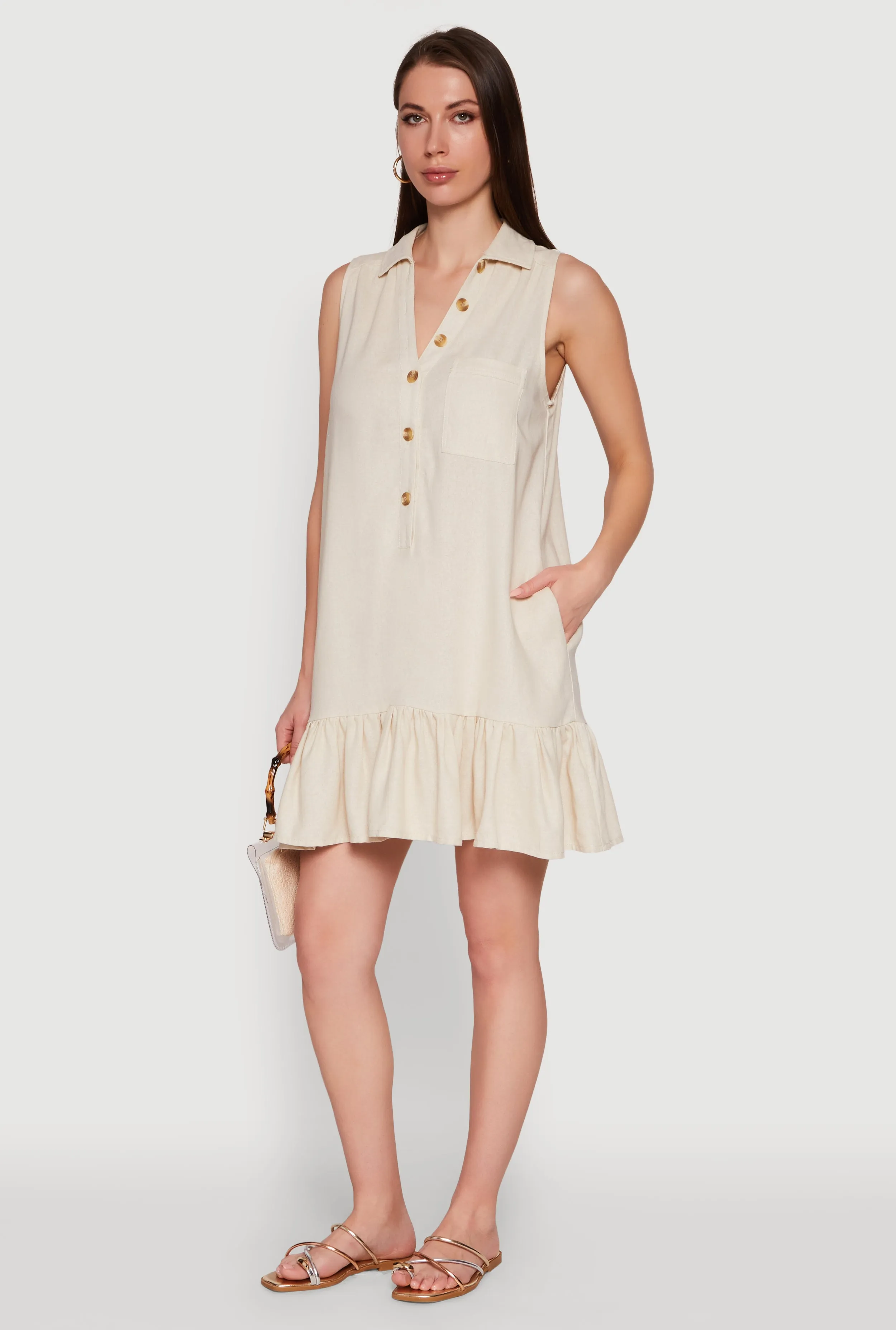 Smart Wear Trendy Linen Sleeveless Shirt Dress with Flounce Hem