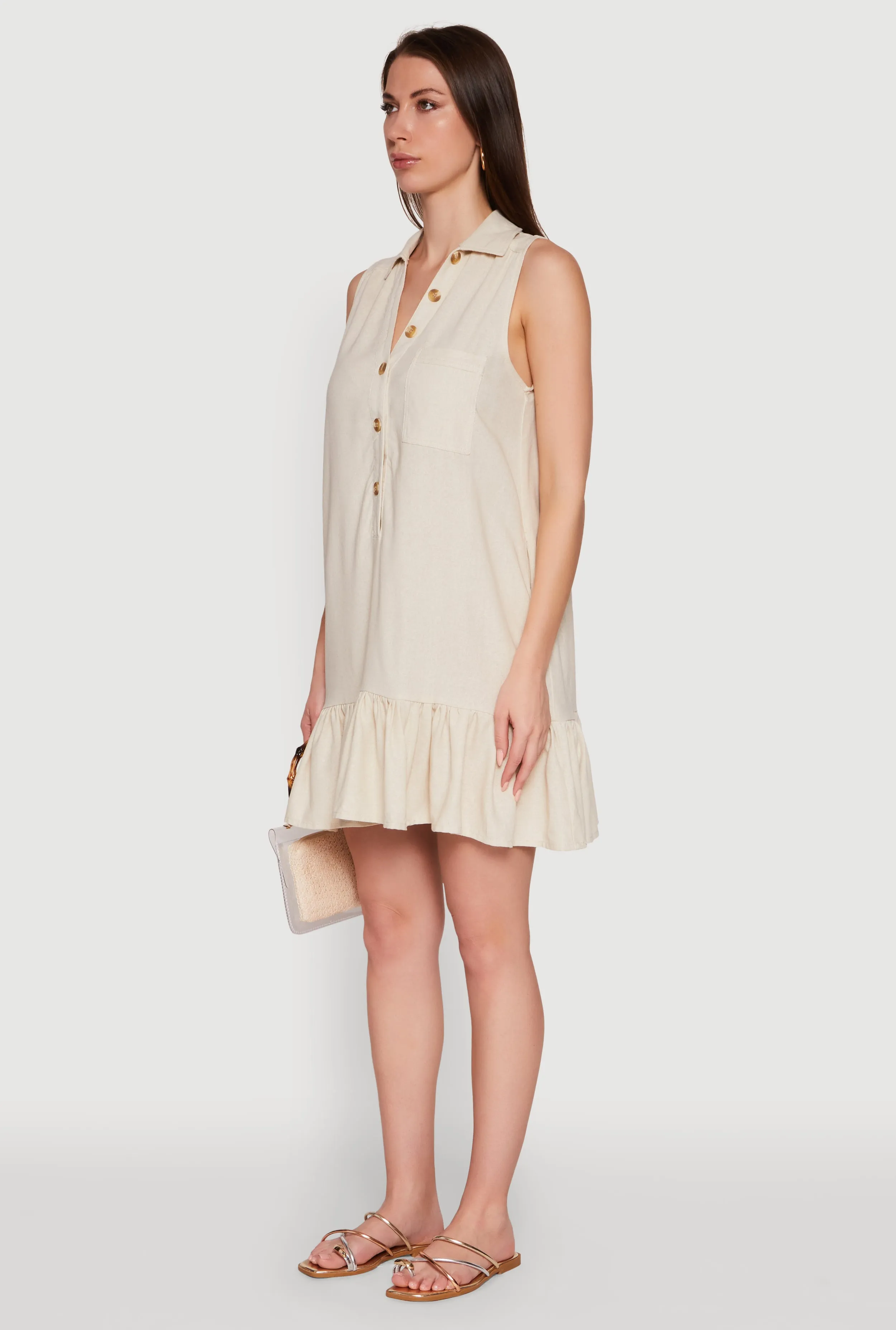 Beat Soft Trendy Linen Sleeveless Shirt Dress with Flounce Hem