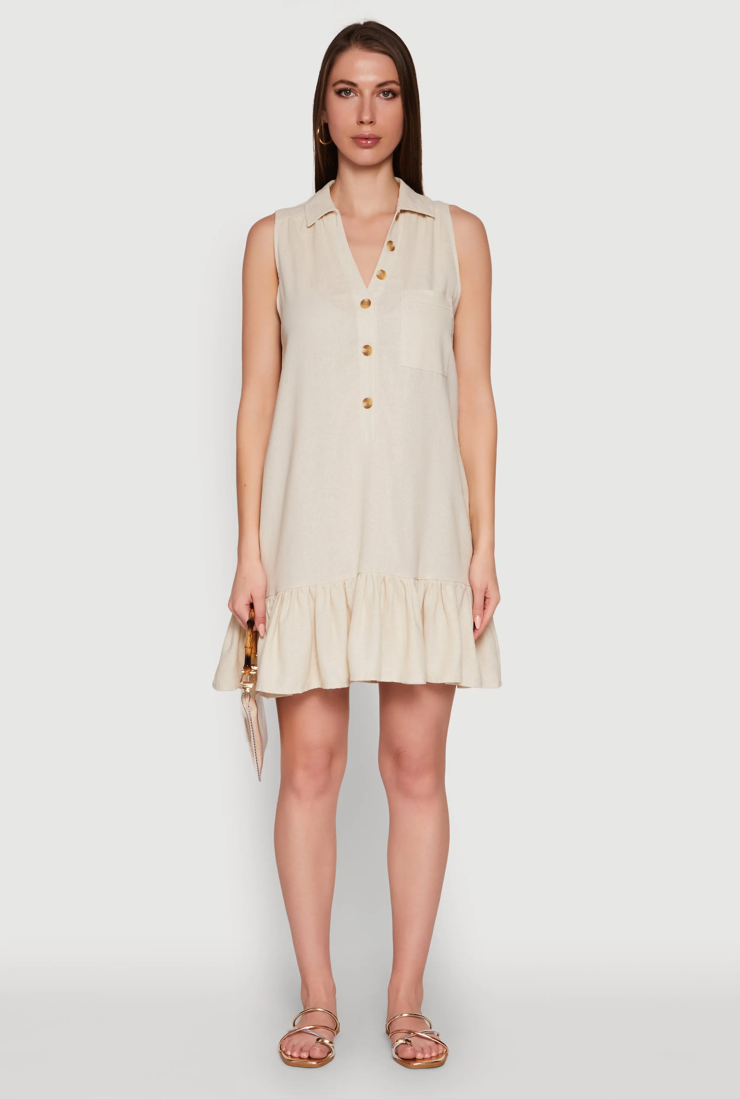 Smart Casual Style Trendy Linen Sleeveless Shirt Dress with Flounce Hem
