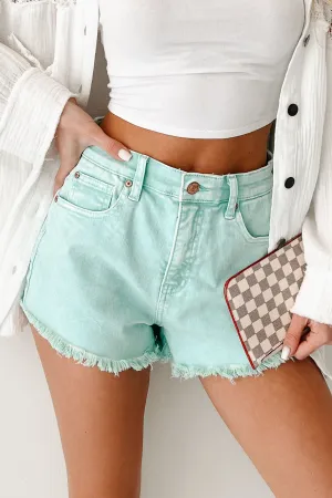 Bubblegum Bliss Washed Saige Denim Shorts (Mint) Snag Free Design Flexible Cut