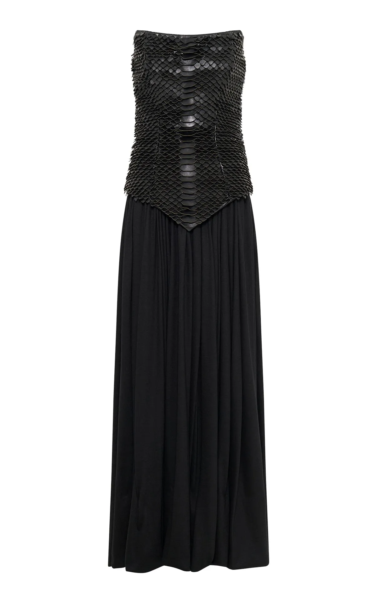 Estrid Strapless Dress in Black Leather Snake Scales Adjustable Drawcord