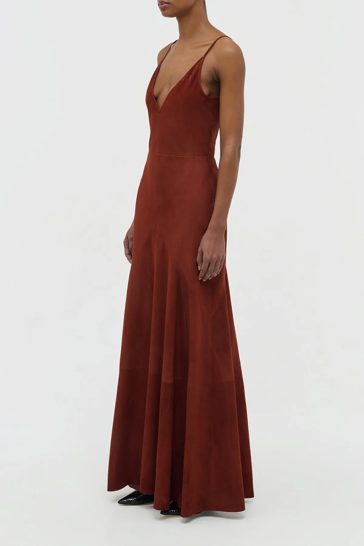 Brigita Slip Dress in Burnt Sienna Suede LayeredPaneling OdorControlTech