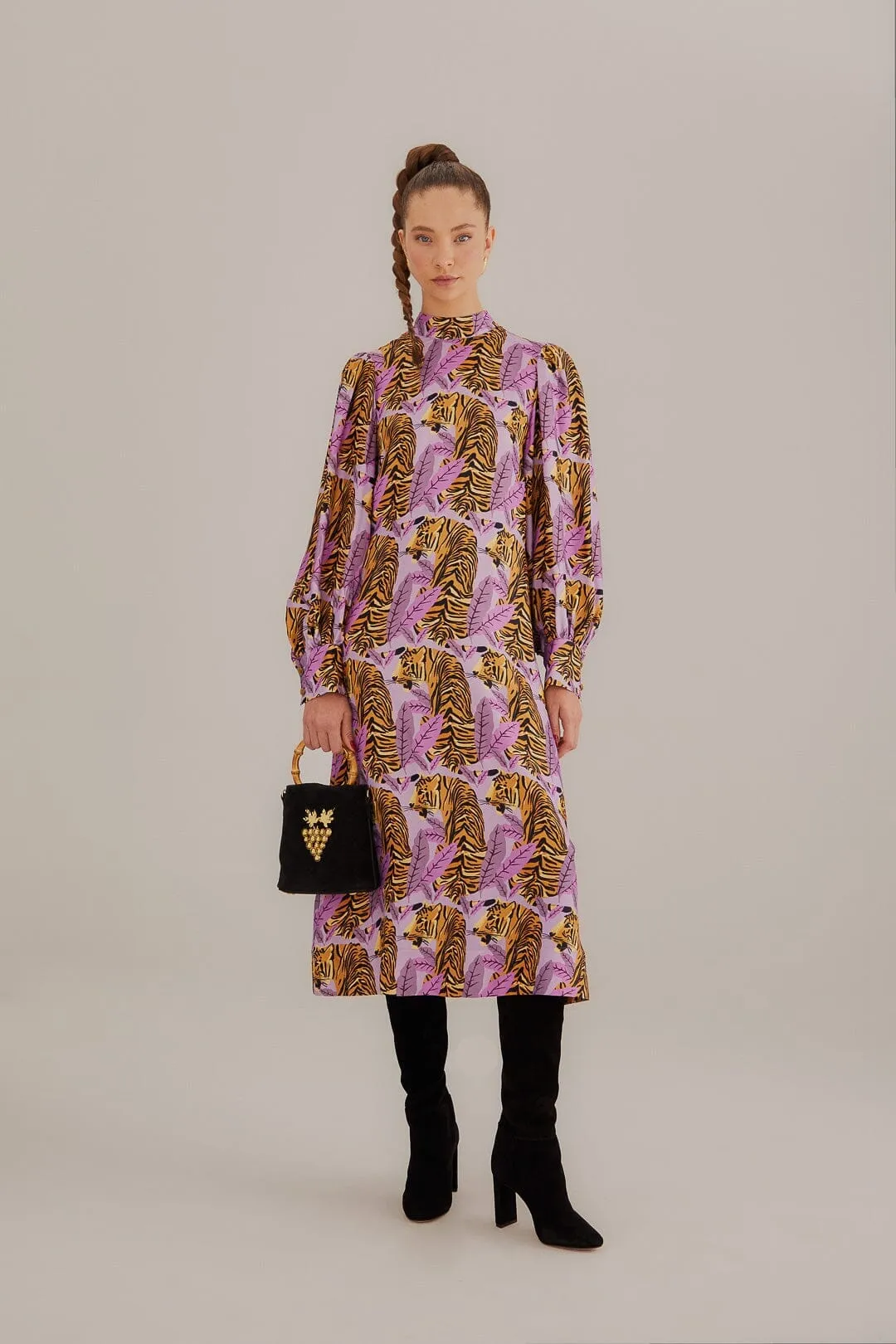 Go Light Lavender Tiger Leaves Midi Dress